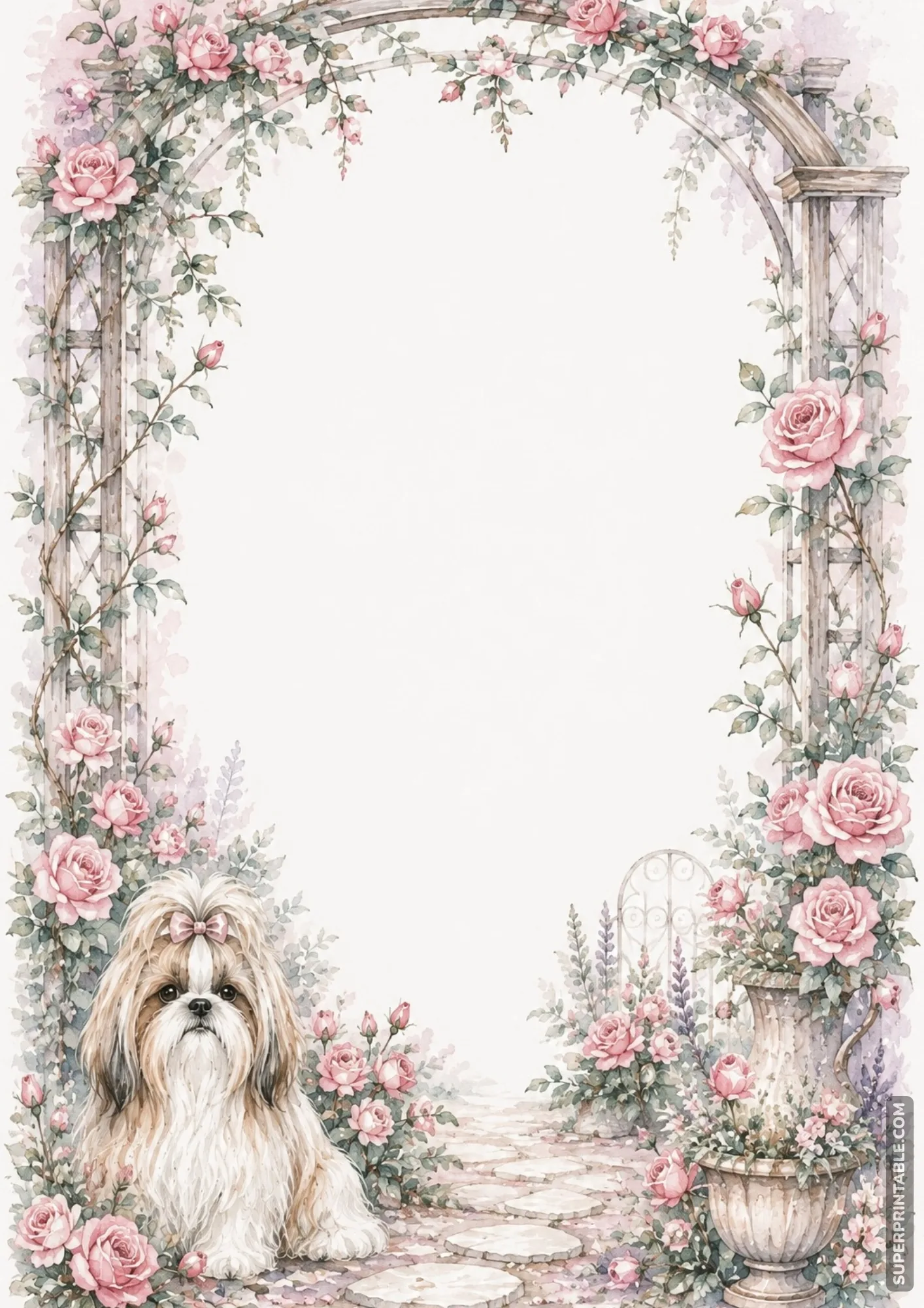 Rose garden arbor frame featuring climbing pink roses stone path and cute pup