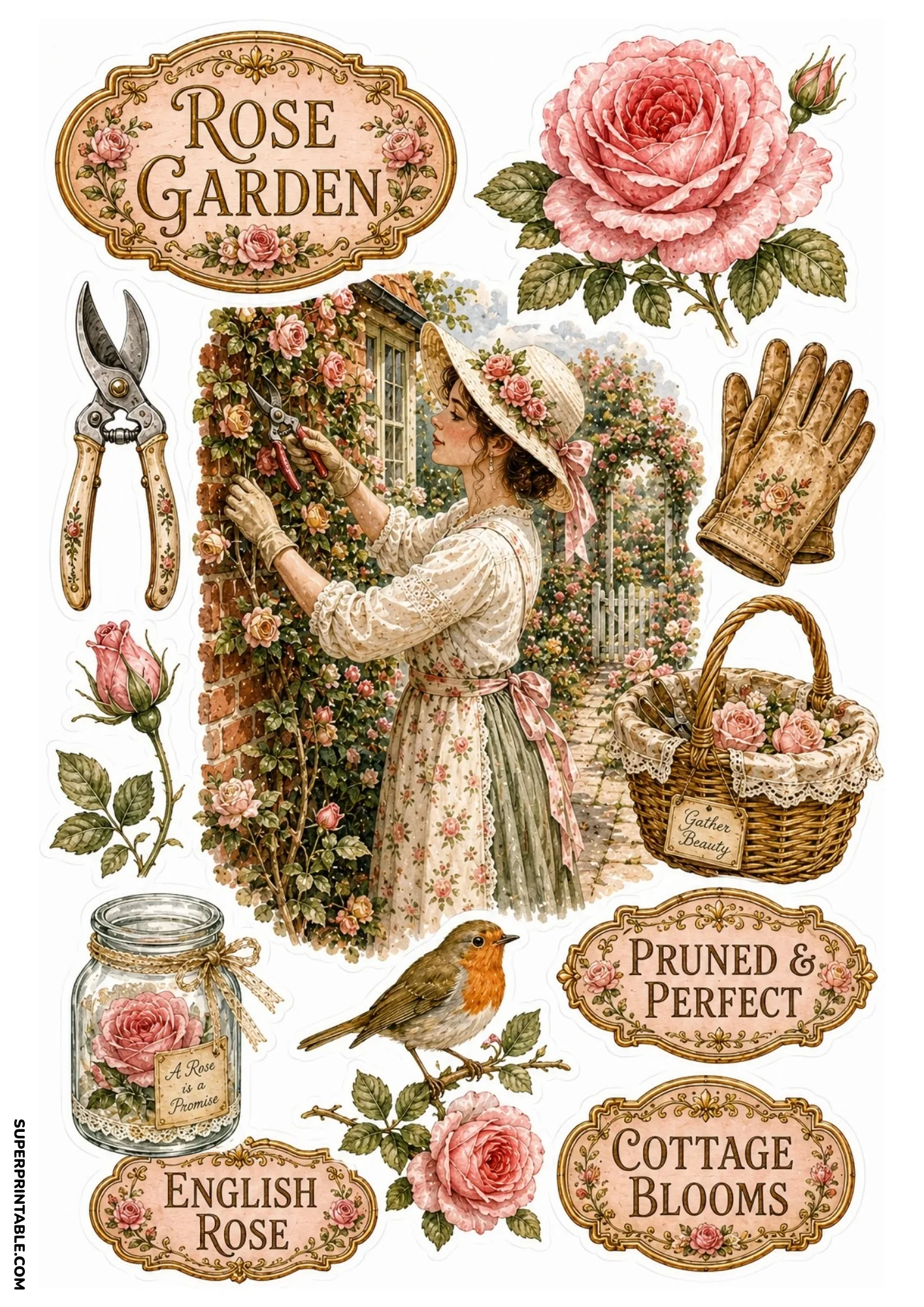 English rose garden stickers featuring a woman pruning roses, robin bird, rose basket, and floral gloves.