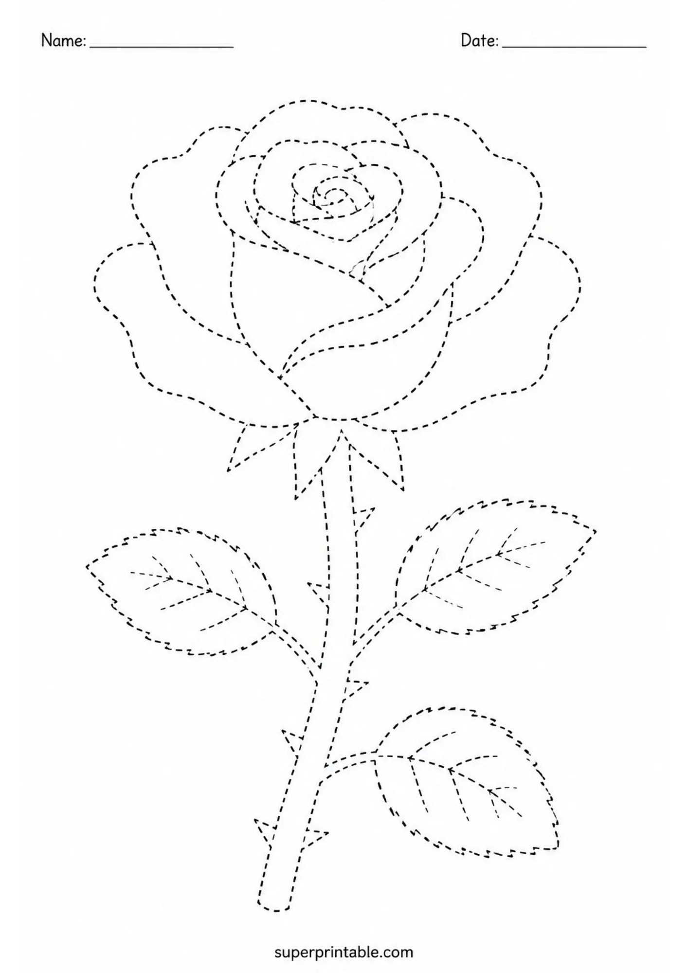 Dotted line drawing of a rose blossom on a thorny stem.