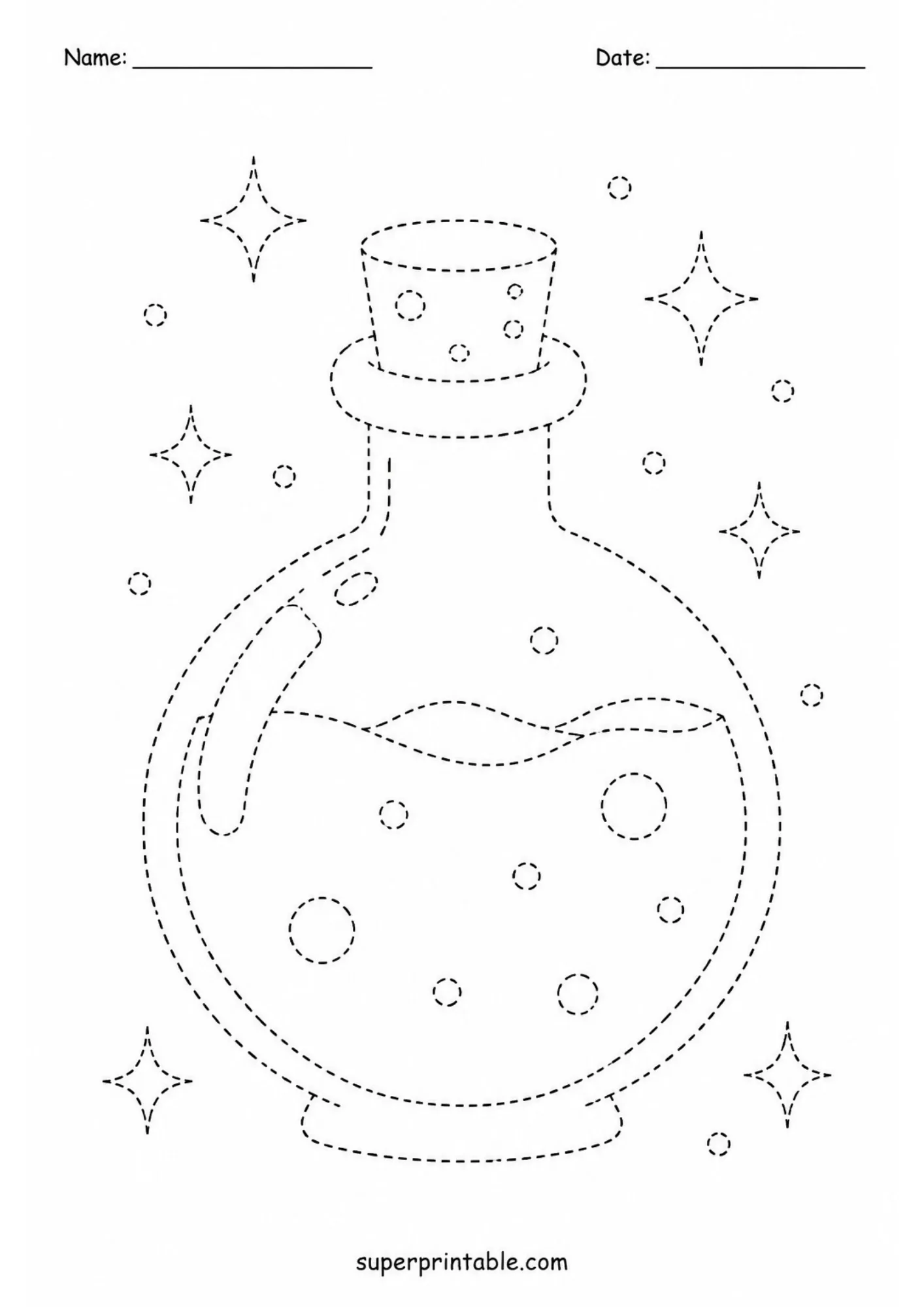 Round glass potion flask surrounded by magical sparkles drawn in dashed tracing lines.