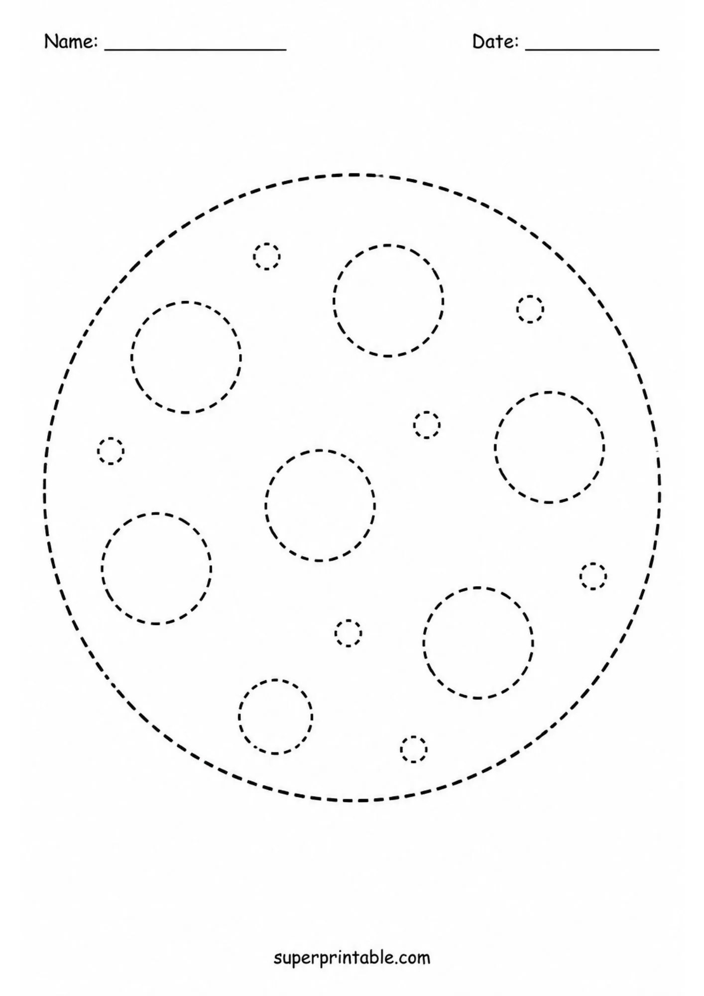 Circular pizza crust base dotted outline page with sliced toppings for coloring practice.