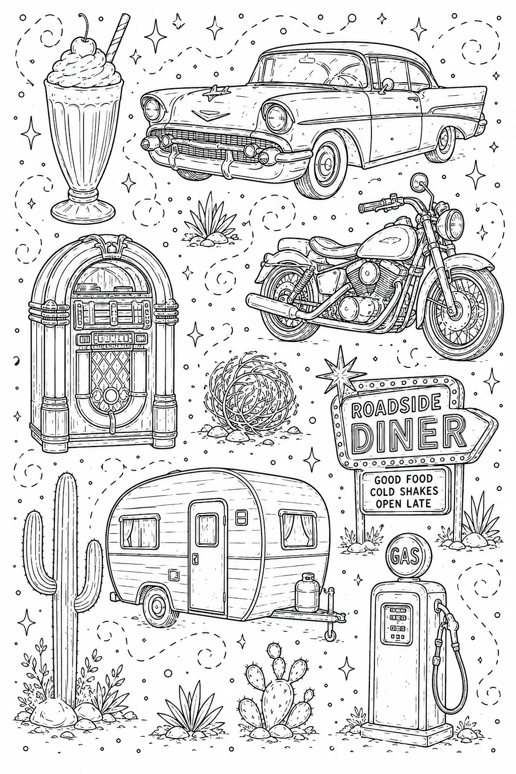 Printable Route 66 Road Trip classic vintage car and roadside diner doodle coloring page sheet