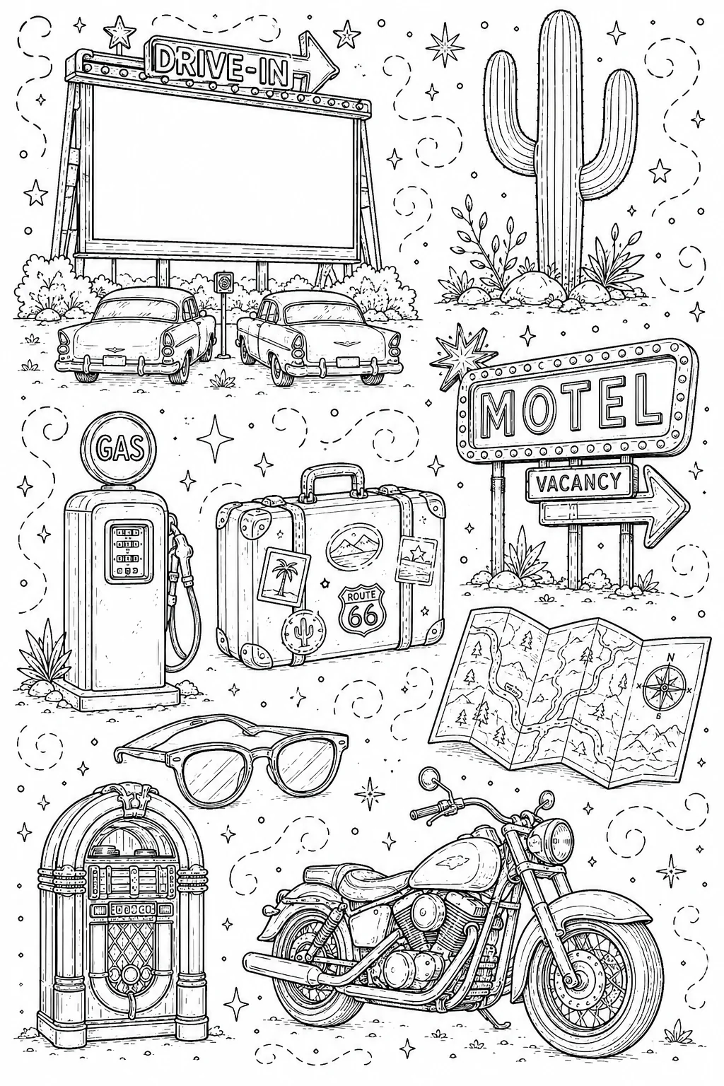 Printable Route 66 Road Trip desert drive-in theater and neon motel doodle coloring page sheet