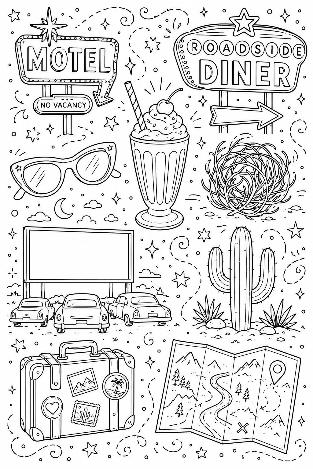 Printable Route 66 Road Trip roadside diner and sundae milkshake doodle coloring page sheet