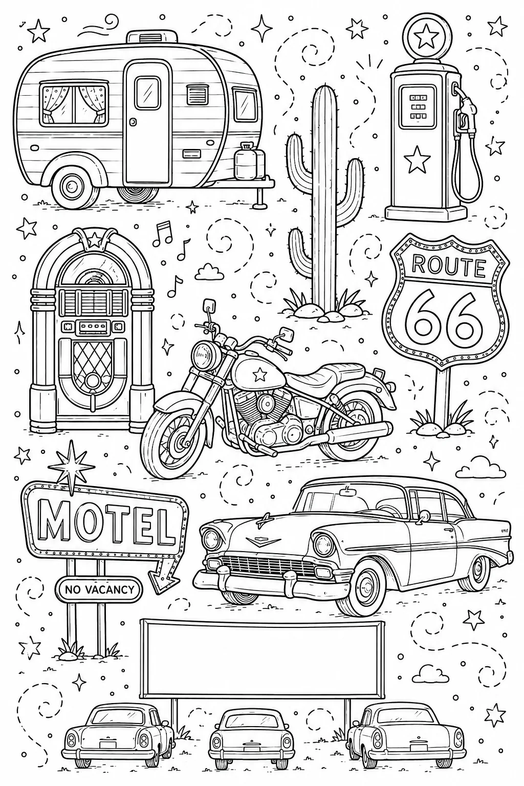 Printable Route 66 Road Trip retro camper trailer and route 66 sign doodle coloring page sheet