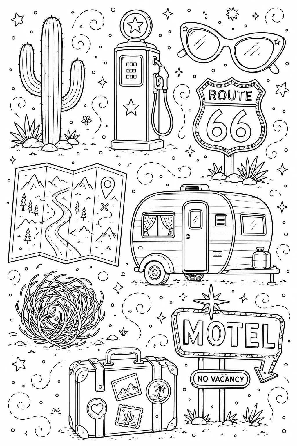 Printable Route 66 Road Trip desert cacti and neon motel sign doodle coloring page sheet