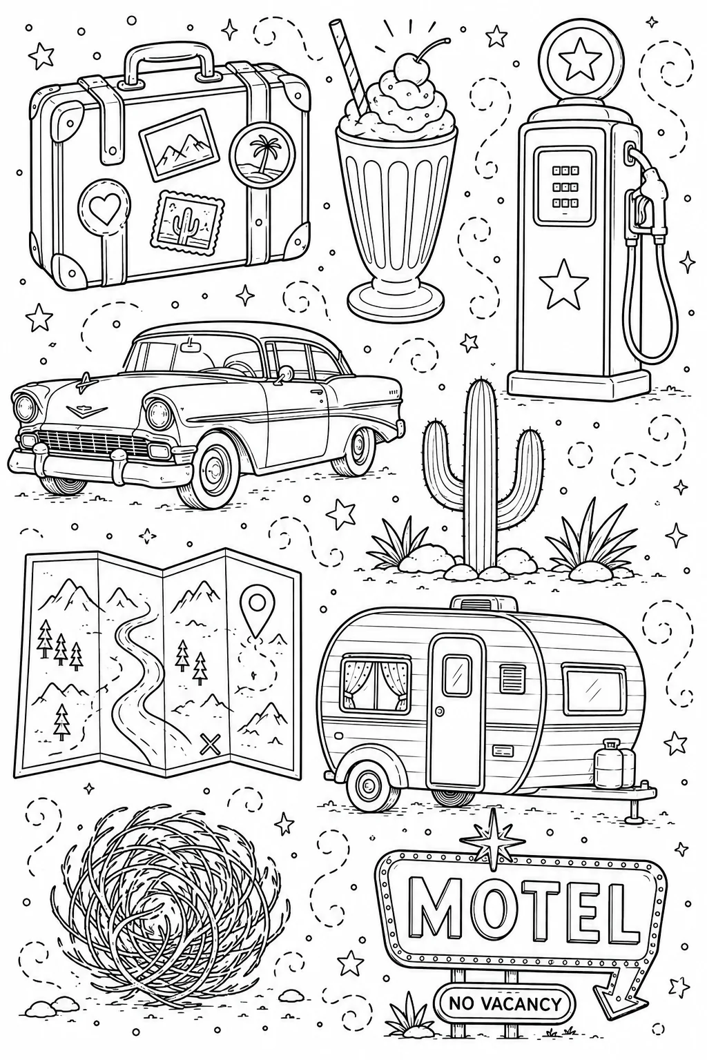 Printable Route 66 Road Trip vintage cruiser car and retro jukebox doodle coloring page sheet