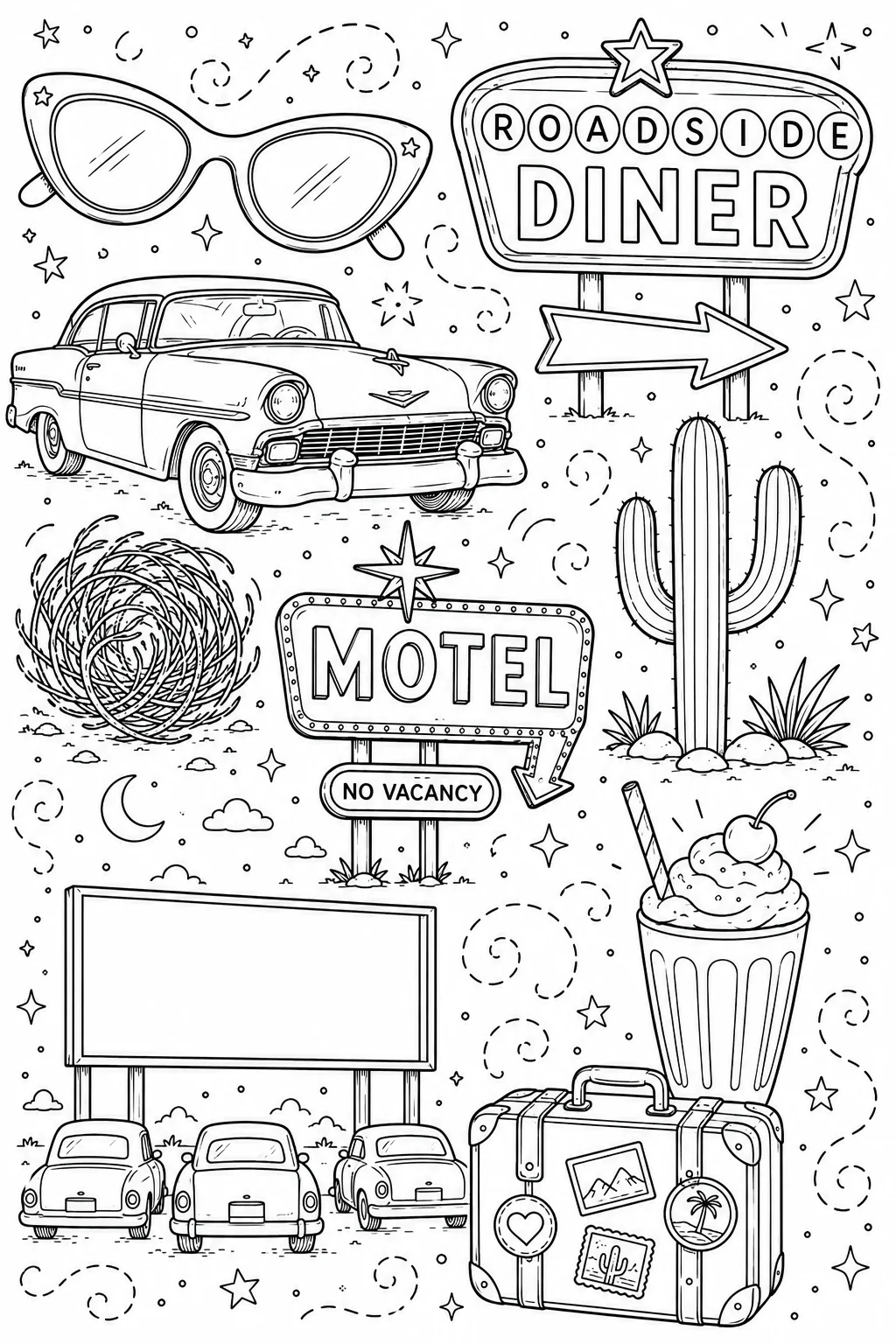Printable Route 66 Road Trip roadside diner and classic cruiser doodle coloring page sheet