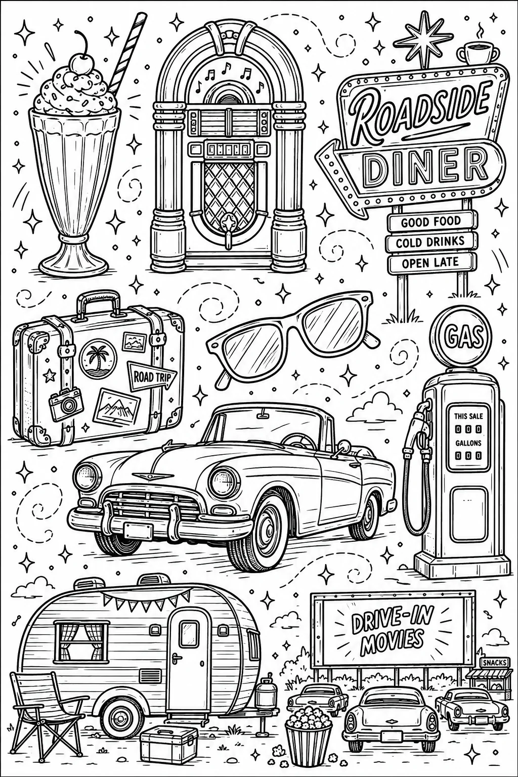 Printable Route 66 Road Trip retro jukebox and roadside cruiser doodle coloring page sheet