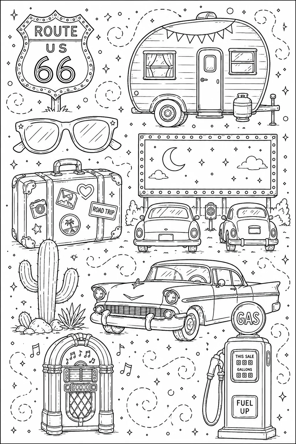 Printable Route 66 Road Trip starlit route 66 highway and camper caravan doodle coloring page sheet