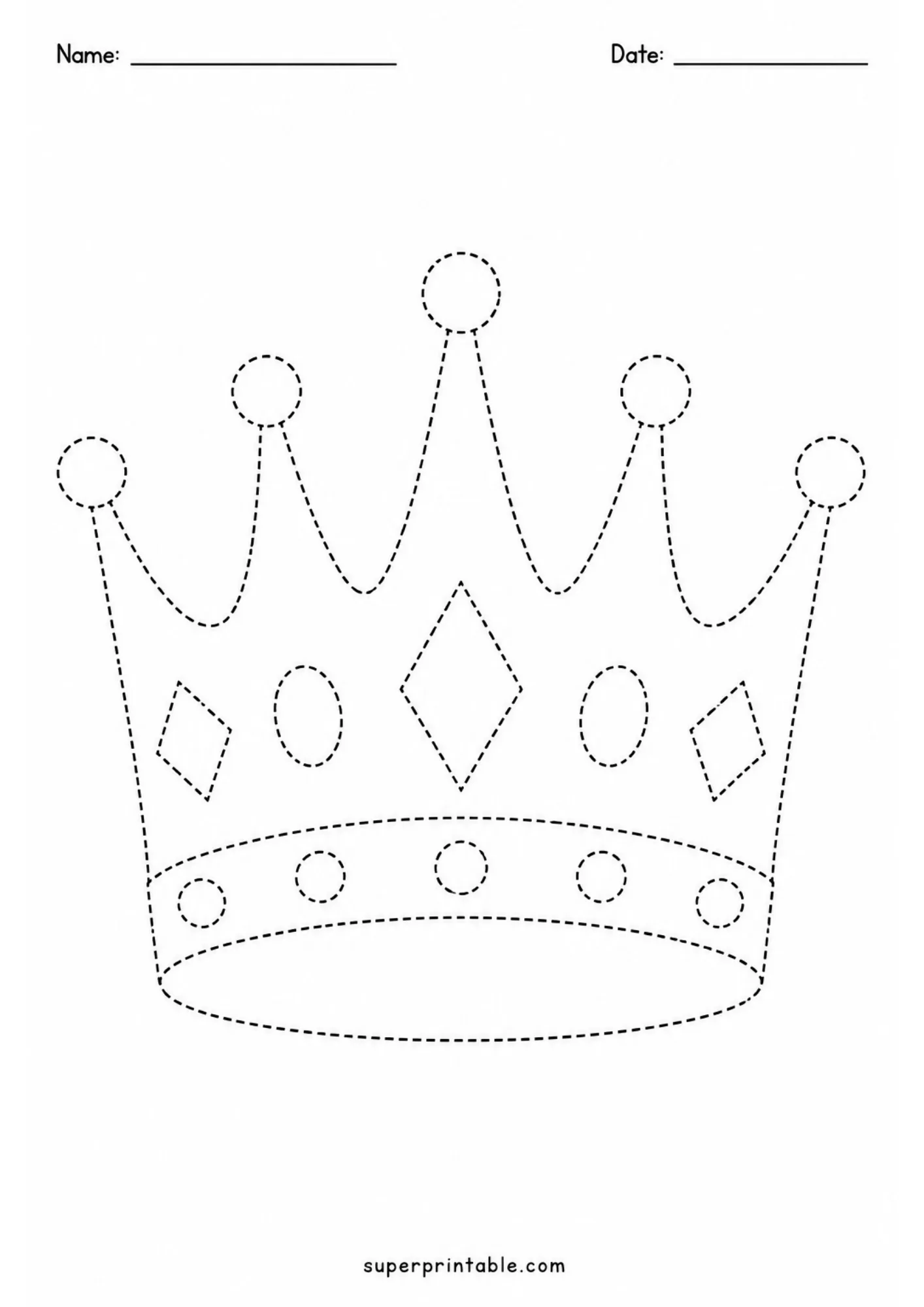 Five-pointed royal crown decorated with diamond and circle jewels in dashed line outlines.