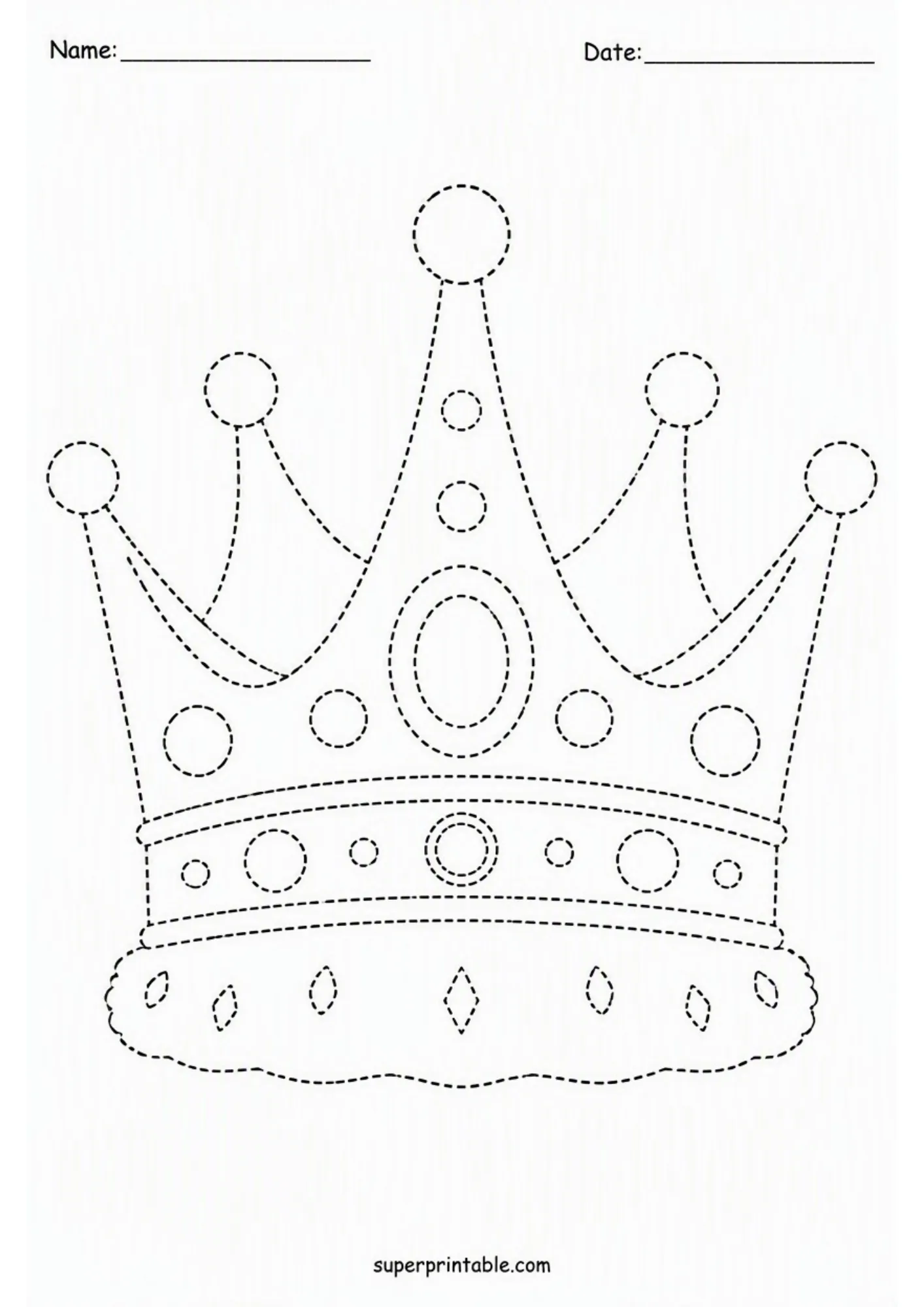 Royal jeweled crown outlined in dashed lines for kids to trace.