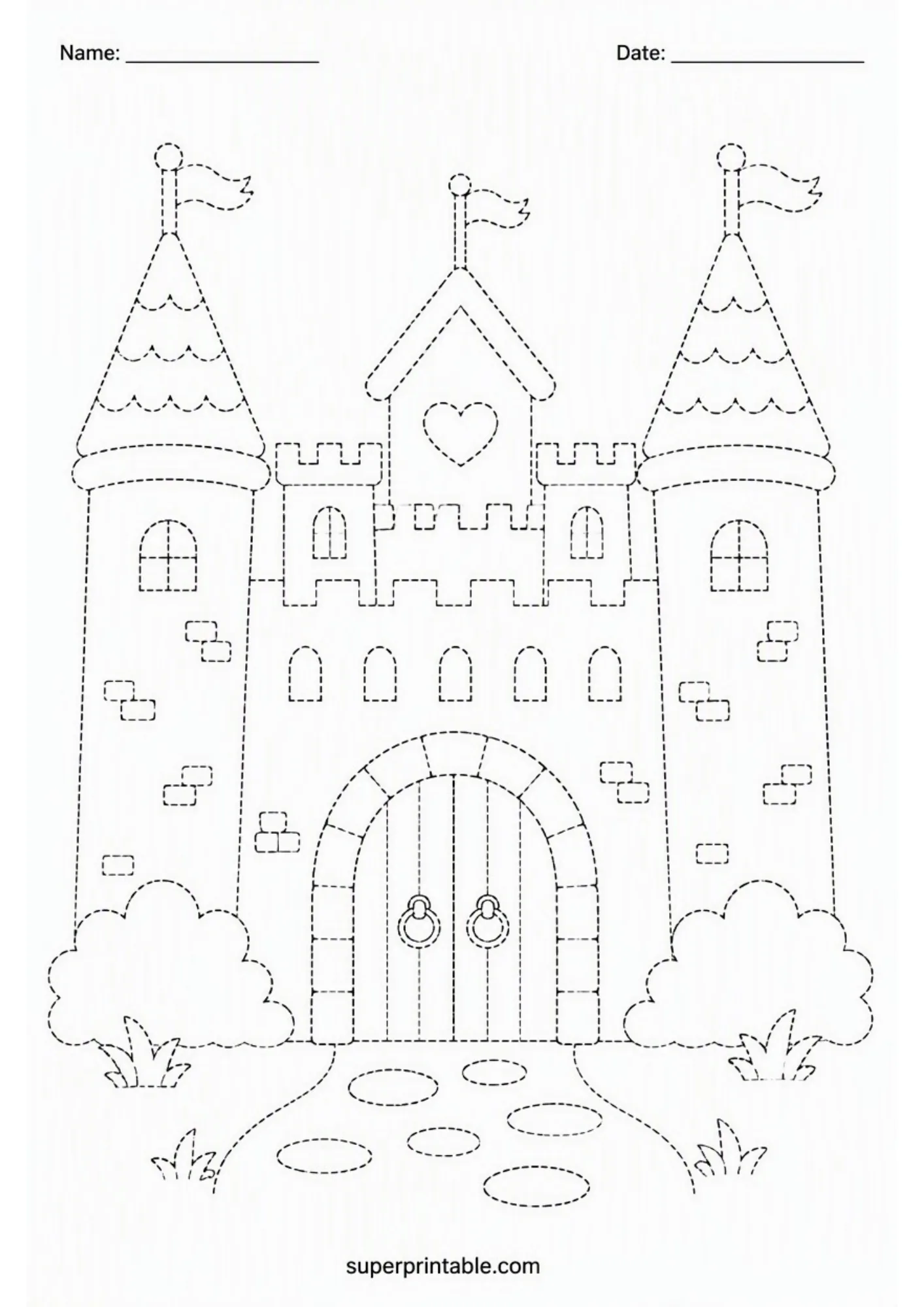 Fairytale castle featuring a heart emblem gable and stone pathway drawn in dashed lines.
