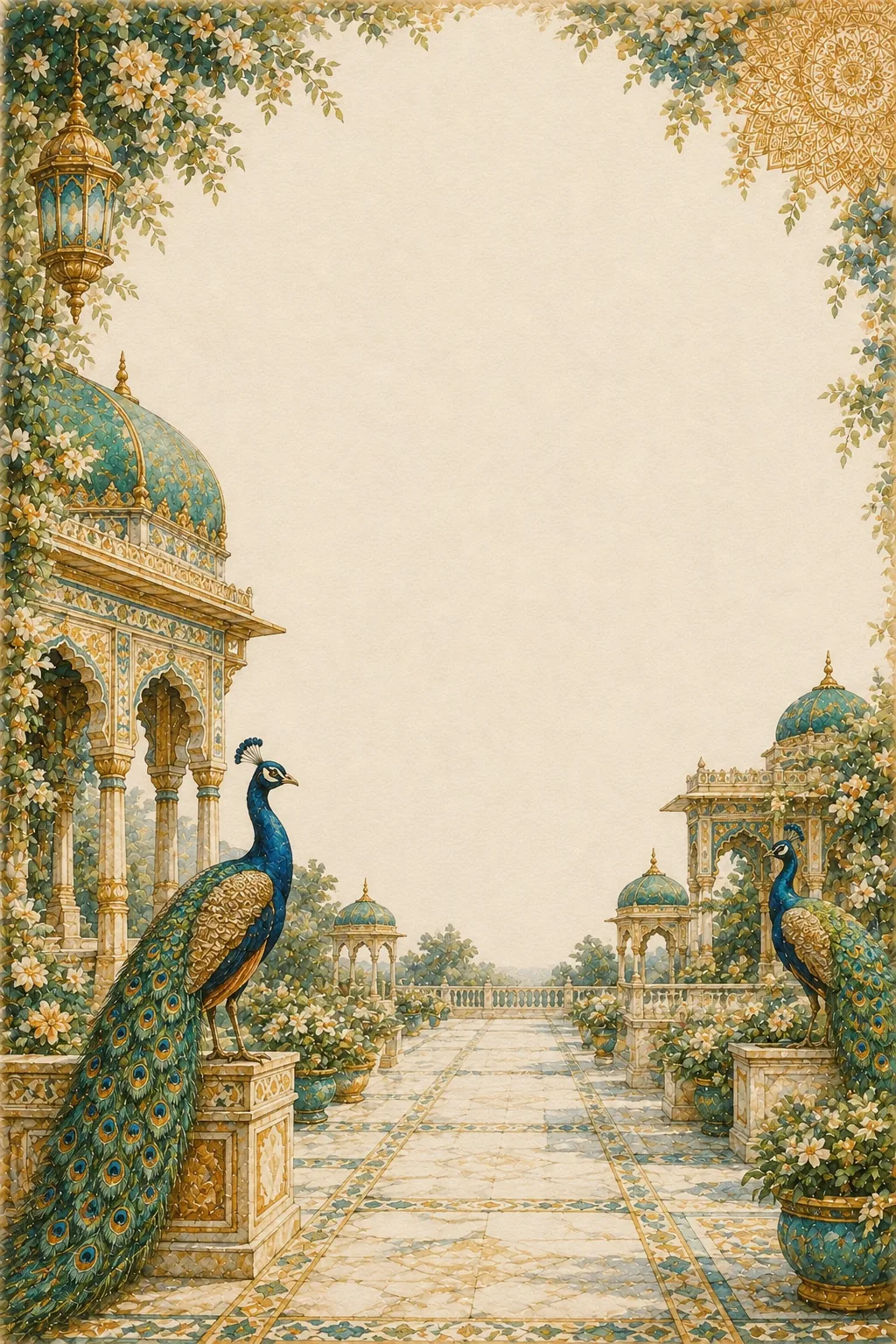 Rajasthan washed border pages featuring blue peacocks on an elegant palace terrace.