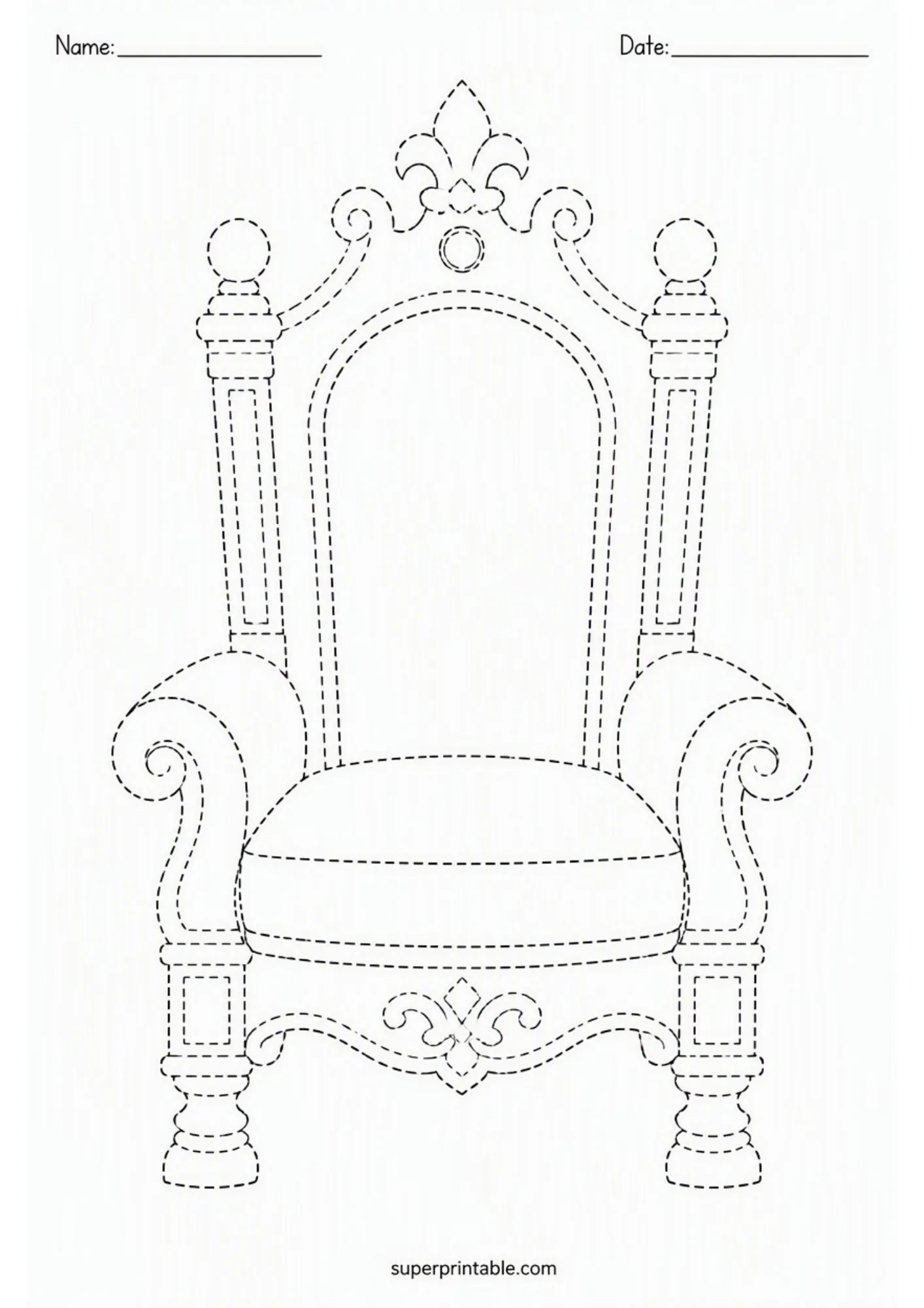 Dashed line illustration of an ornate royal throne chair.
