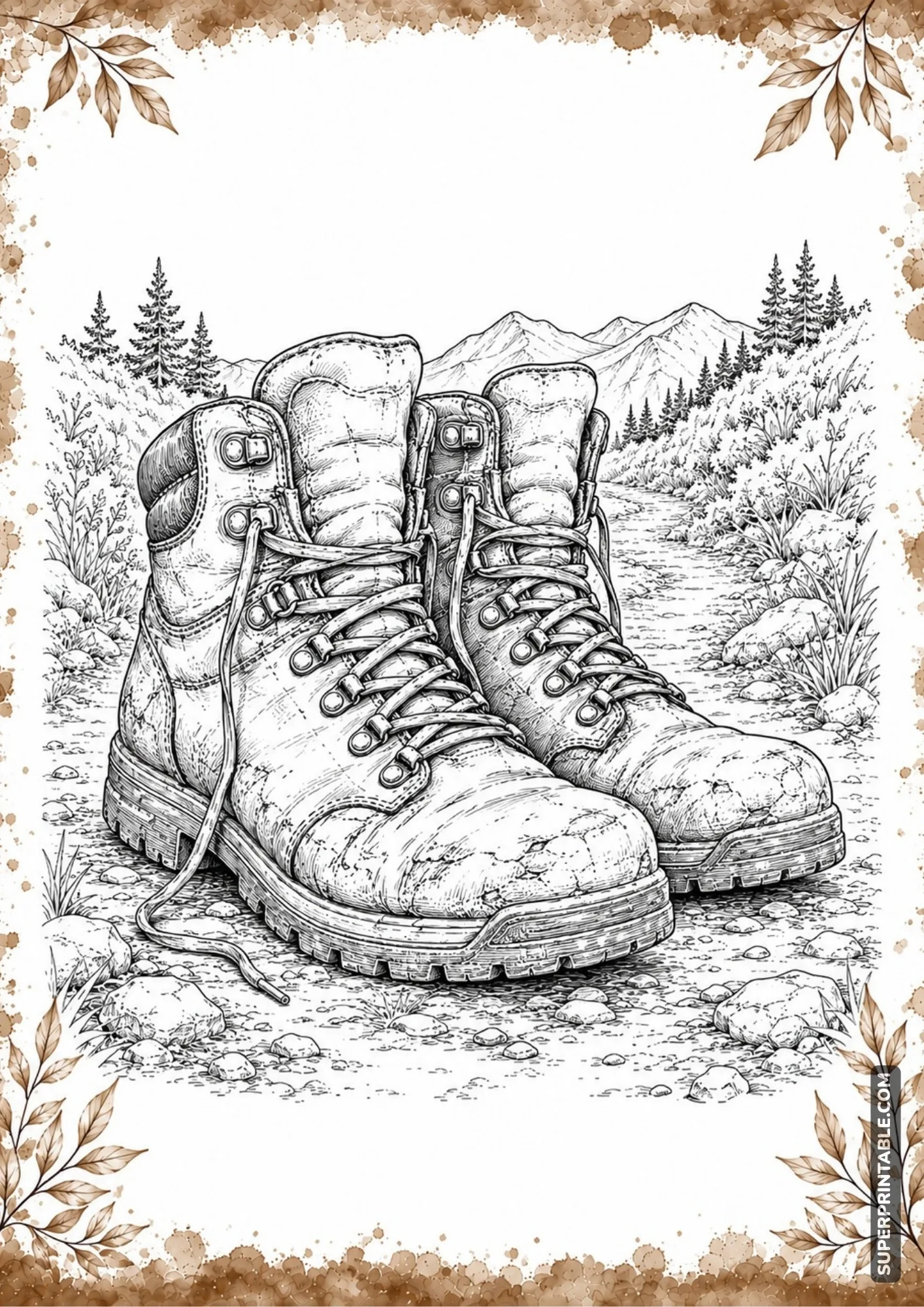 Rugged brown hiking boots with detailed laces and outdoor ground