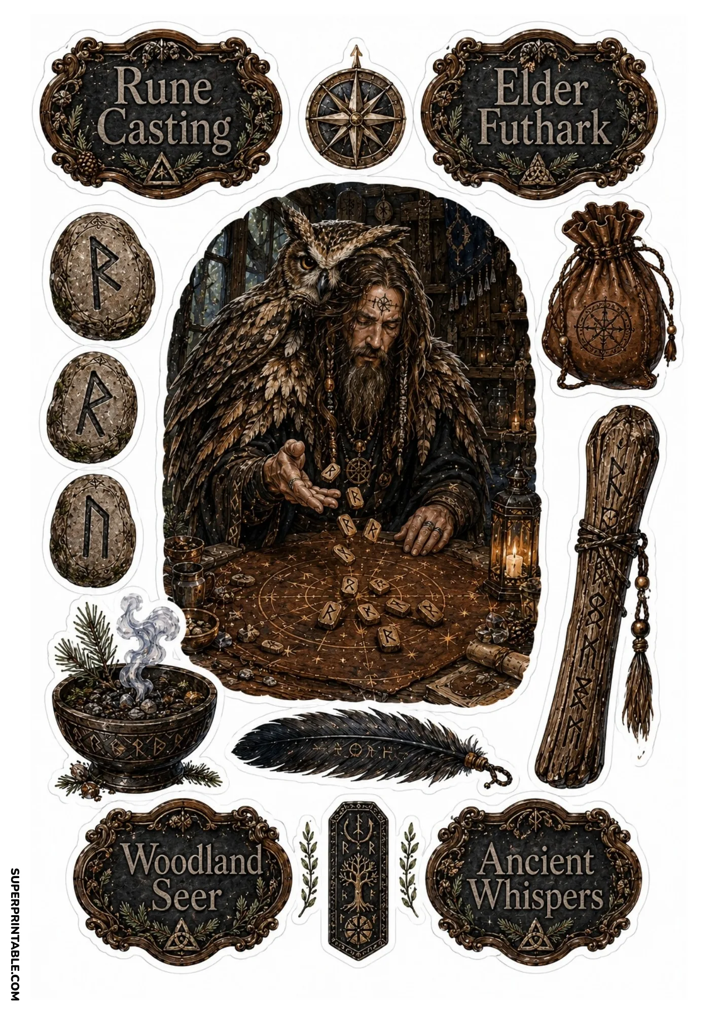 Seer casting wooden Elder Futhark runes with stone rune badges, leather pouch, and smoking bowl.