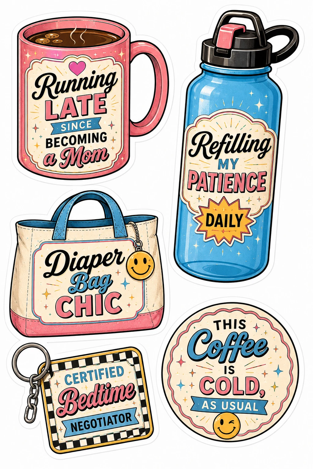 Running Late Mom Diaper Bag Chic Mug Sheet featuring motherhood humor, tired mom life, coffee & chaos, and parenting struggles.