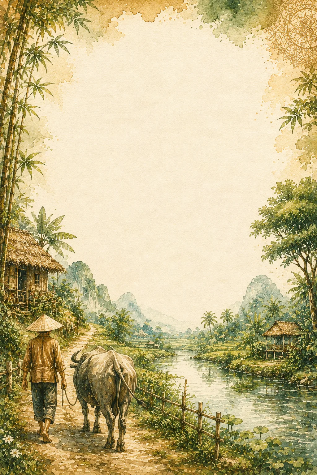 A rustic watercolor border showing a farmer leading a water buffalo along a scenic countryside riverbank.