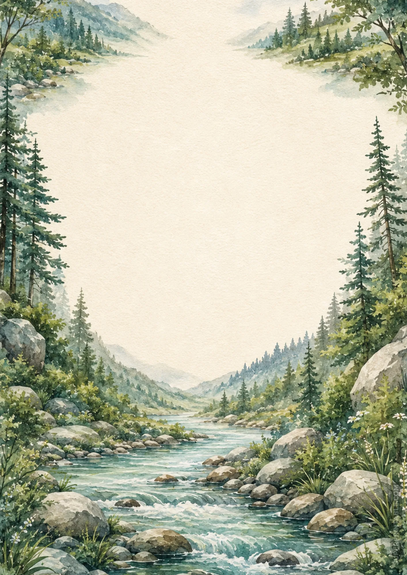 Fresh mountain stream page border with flowing clear water, rocky shores, and tall pine trees.