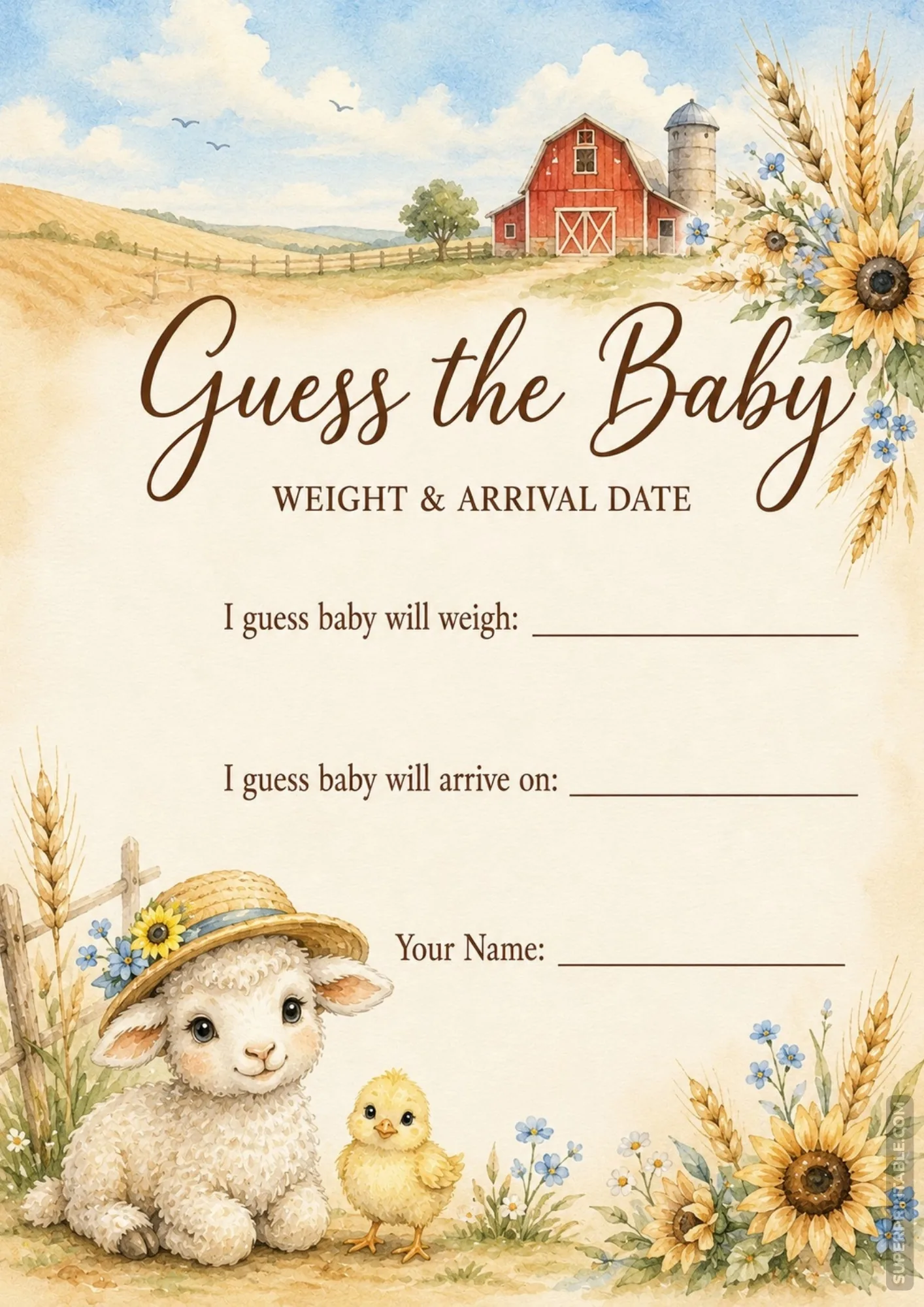 Farmhouse baby shower prediction card featuring a cute lamb in a straw hat and a yellow chick.