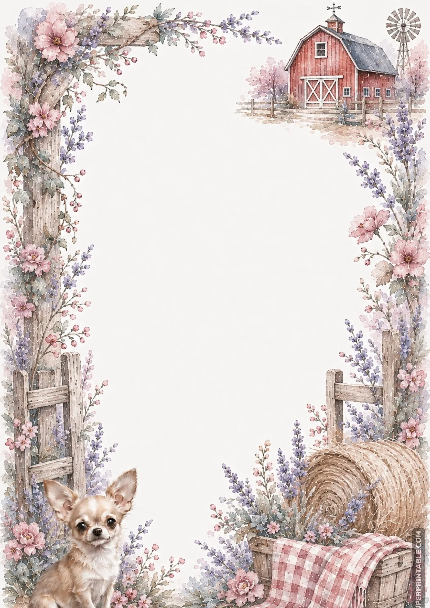 Rustic countryside farm border with red barn windmill hay bale and sitting chihuahua