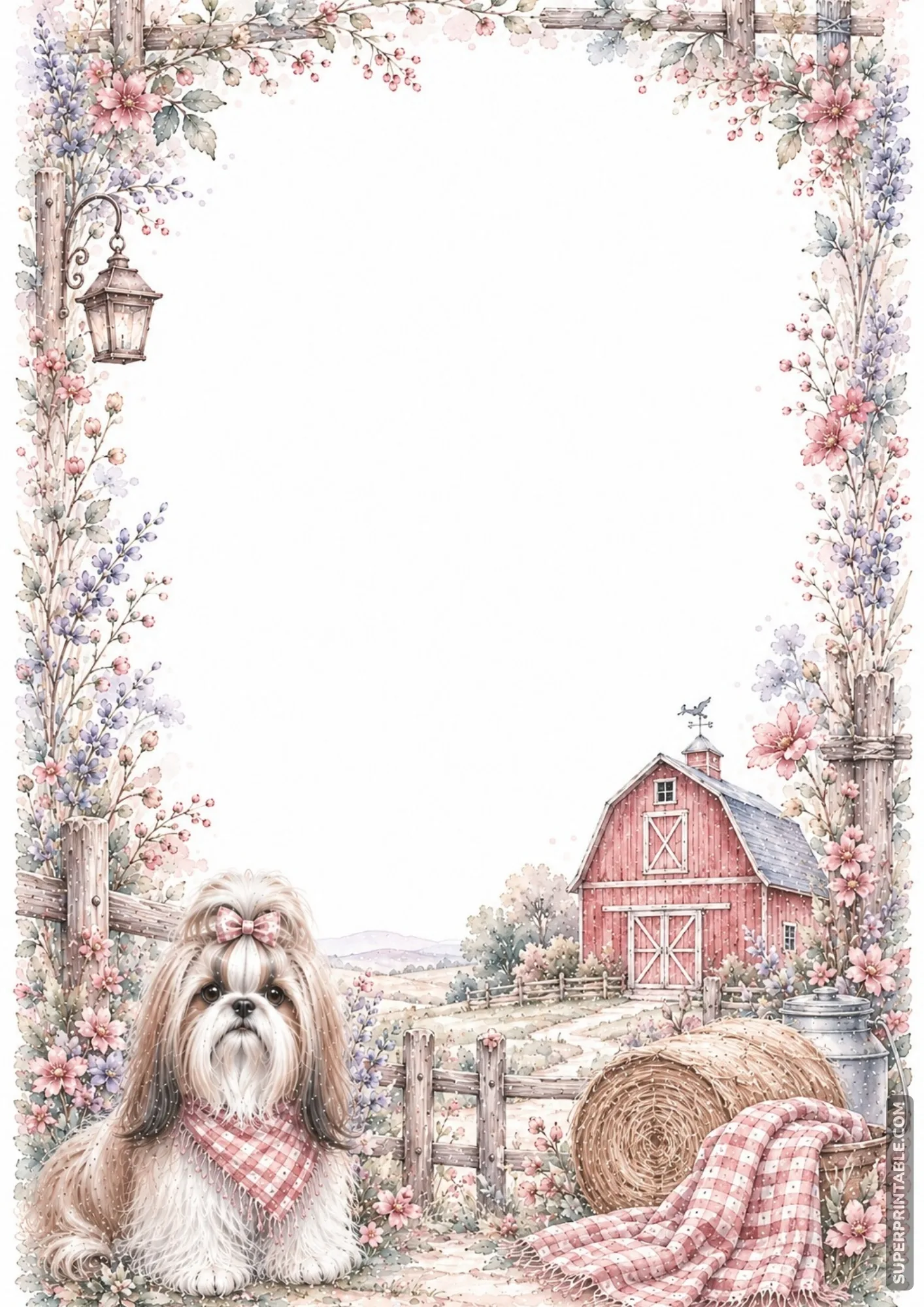 Country farm stationery frame featuring red barn hay bale wooden fence and dog