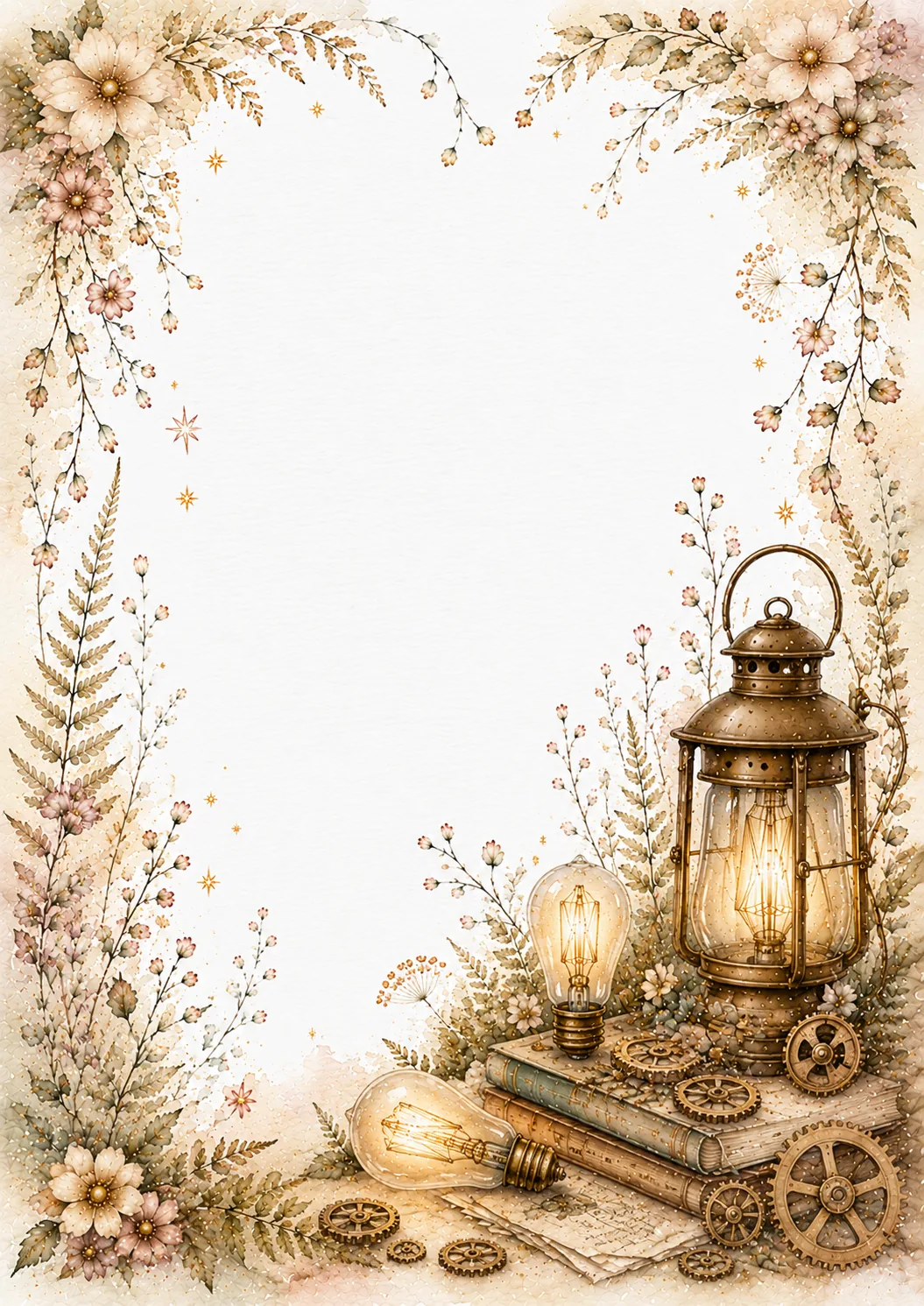 Rustic brass lantern with glowing bulbs, vintage books, gears, flowers, and botanical branches