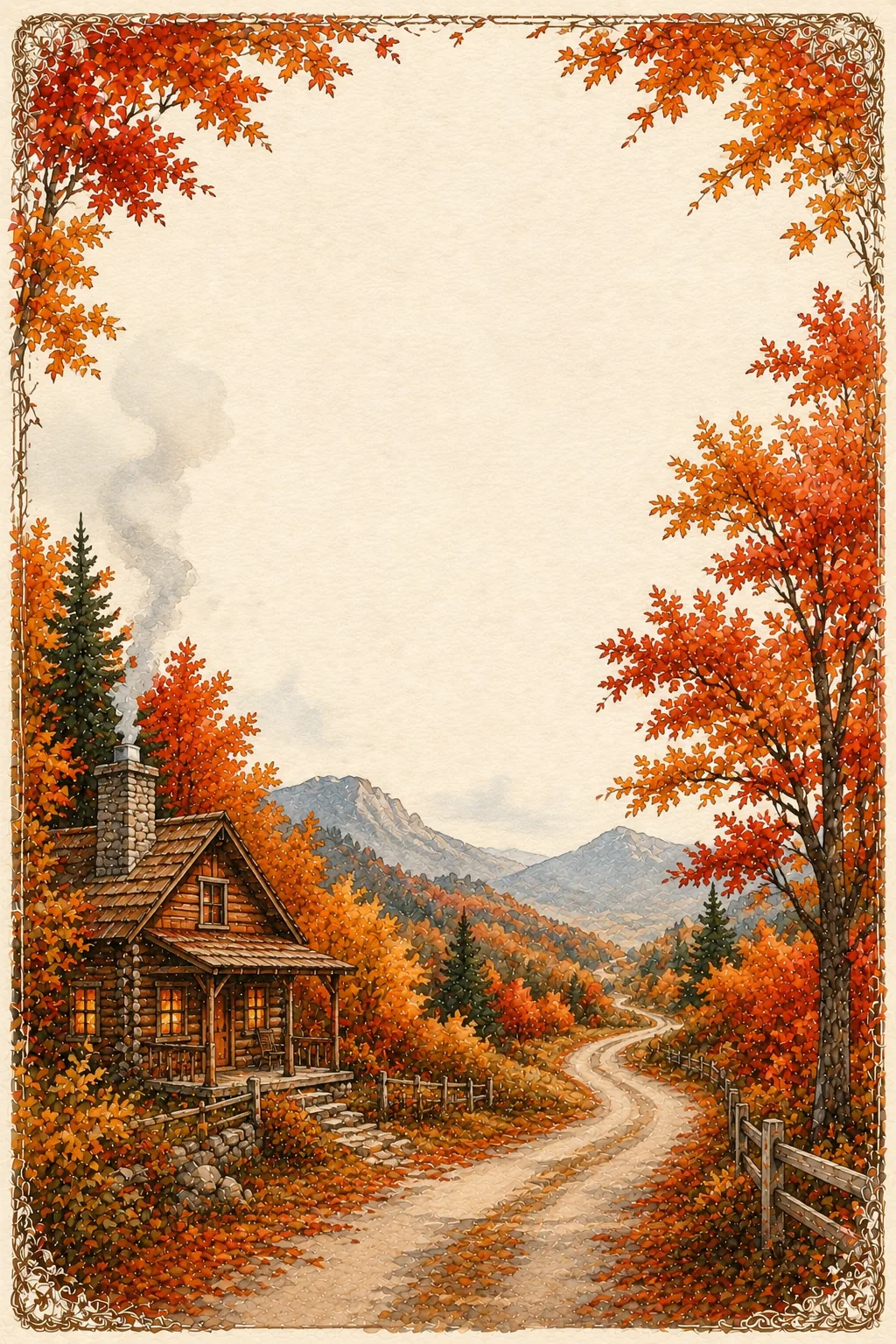 Printable fall stationery featuring a cozy log cabin nestled in autumn mountains with chimney smoke.