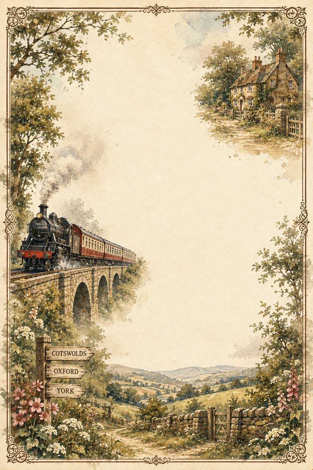 Rustic alpine train station building nestled in mountains with washed vignette edge.