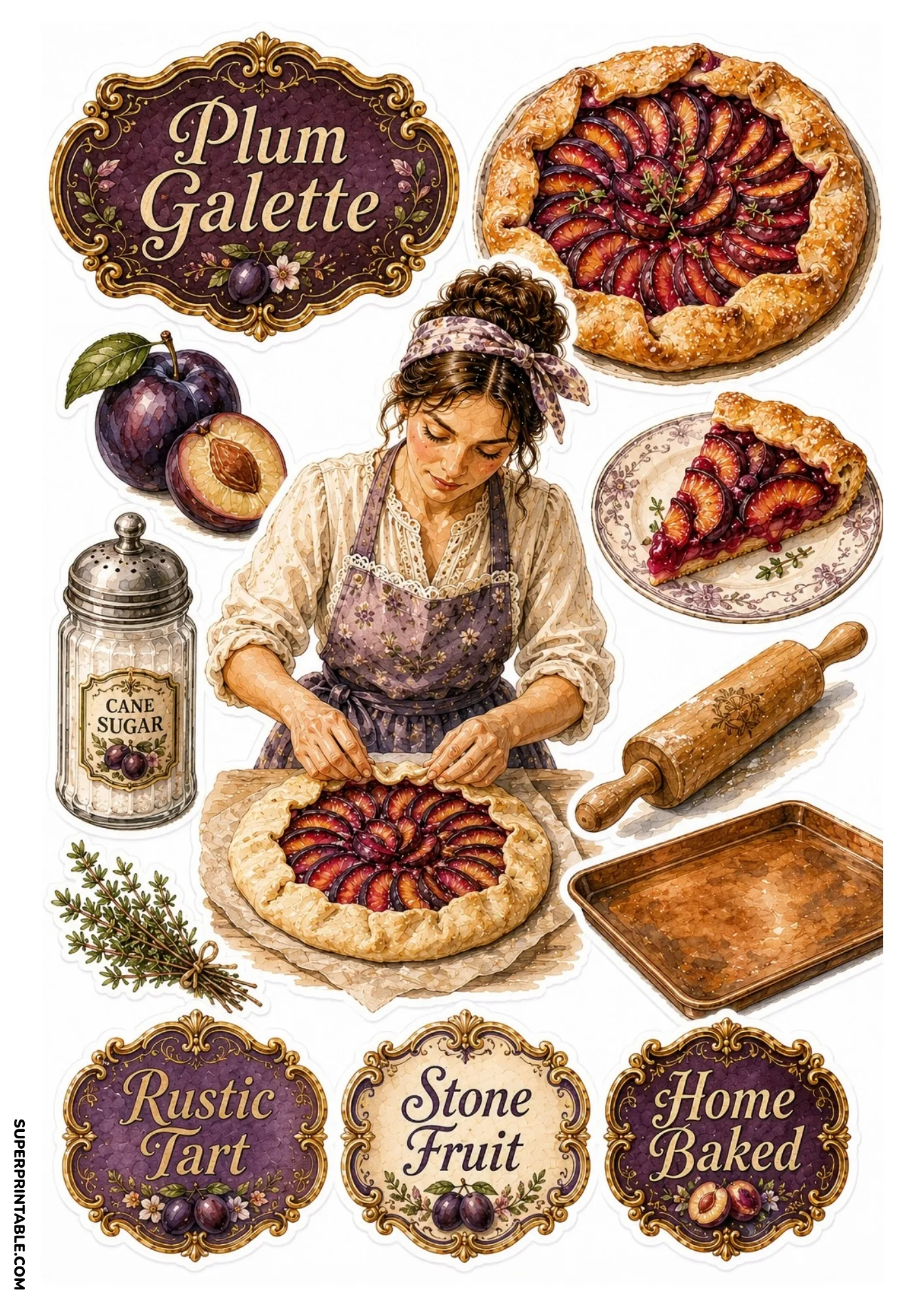 Plum galette sticker sheet featuring a baker arranging plum slices on crust, baked galette, rolling pin, and purple labels.