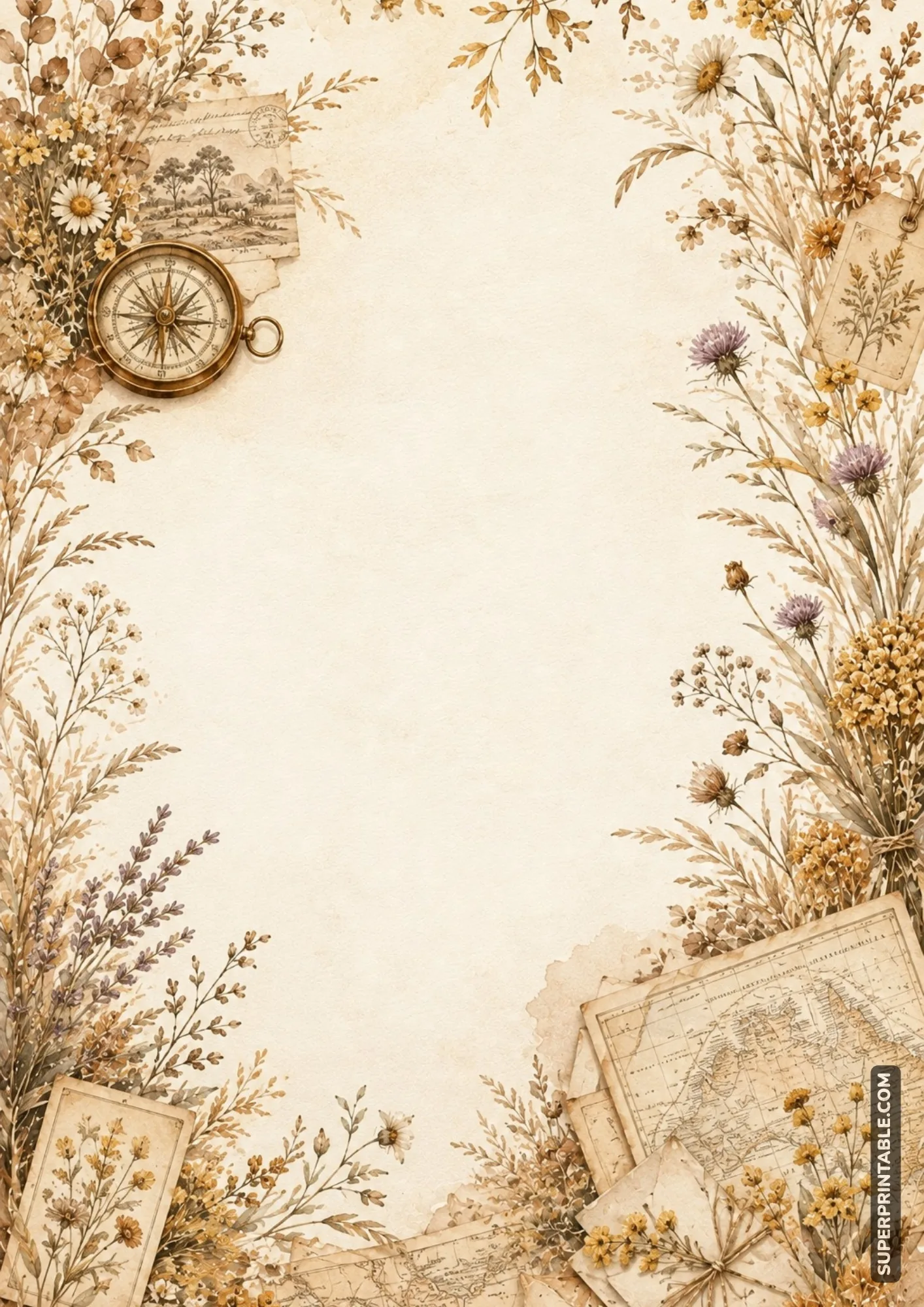 Rustic travel journal page with compass, map details, flowers, and foliage