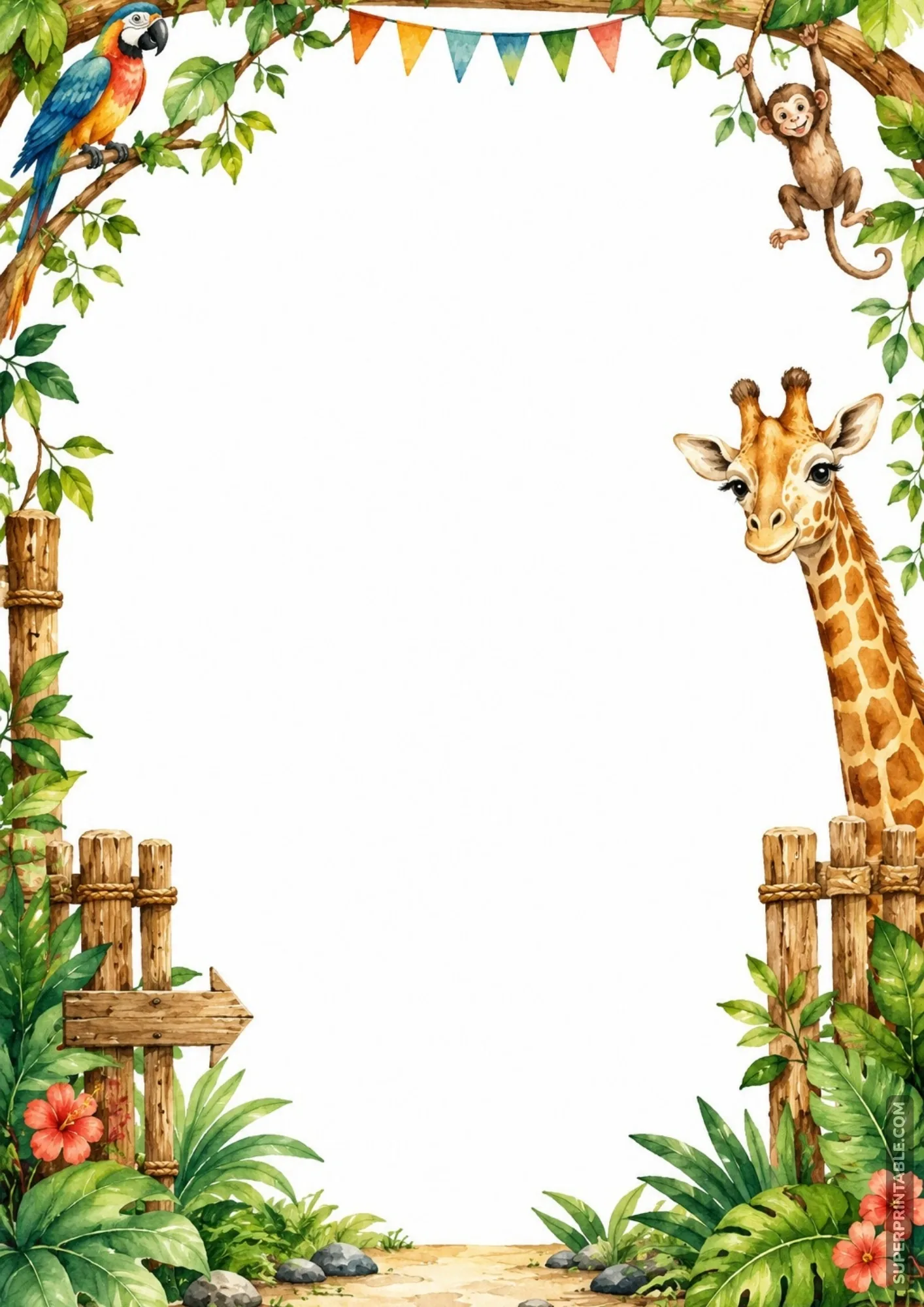 Decorative zoo colored border pages featuring a giraffe, macaw parrot, and monkey in a lush jungle setting.