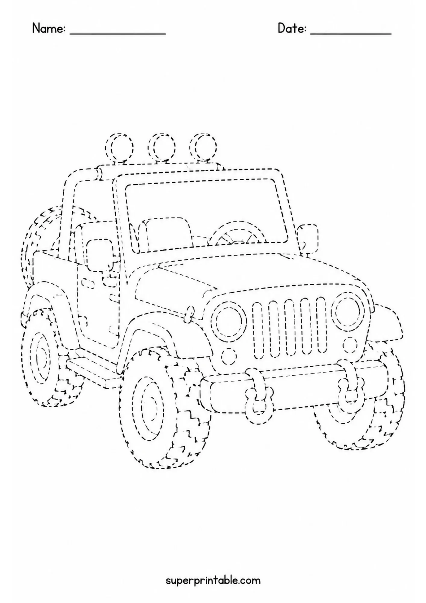 Dashed line off-road safari jeep vehicle ready for kids to trace.