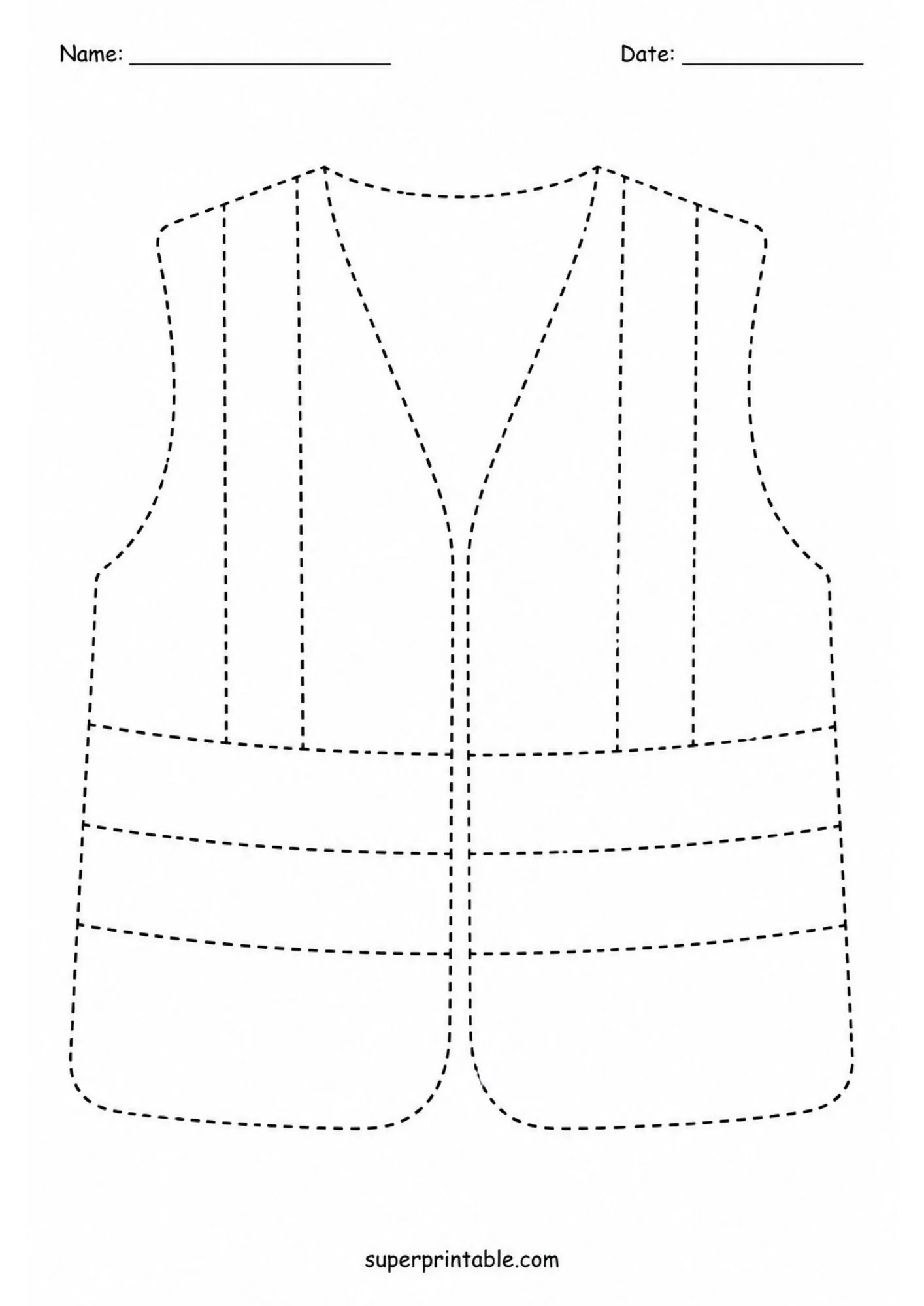 High visibility construction safety vest line tracing printable worksheet for children.