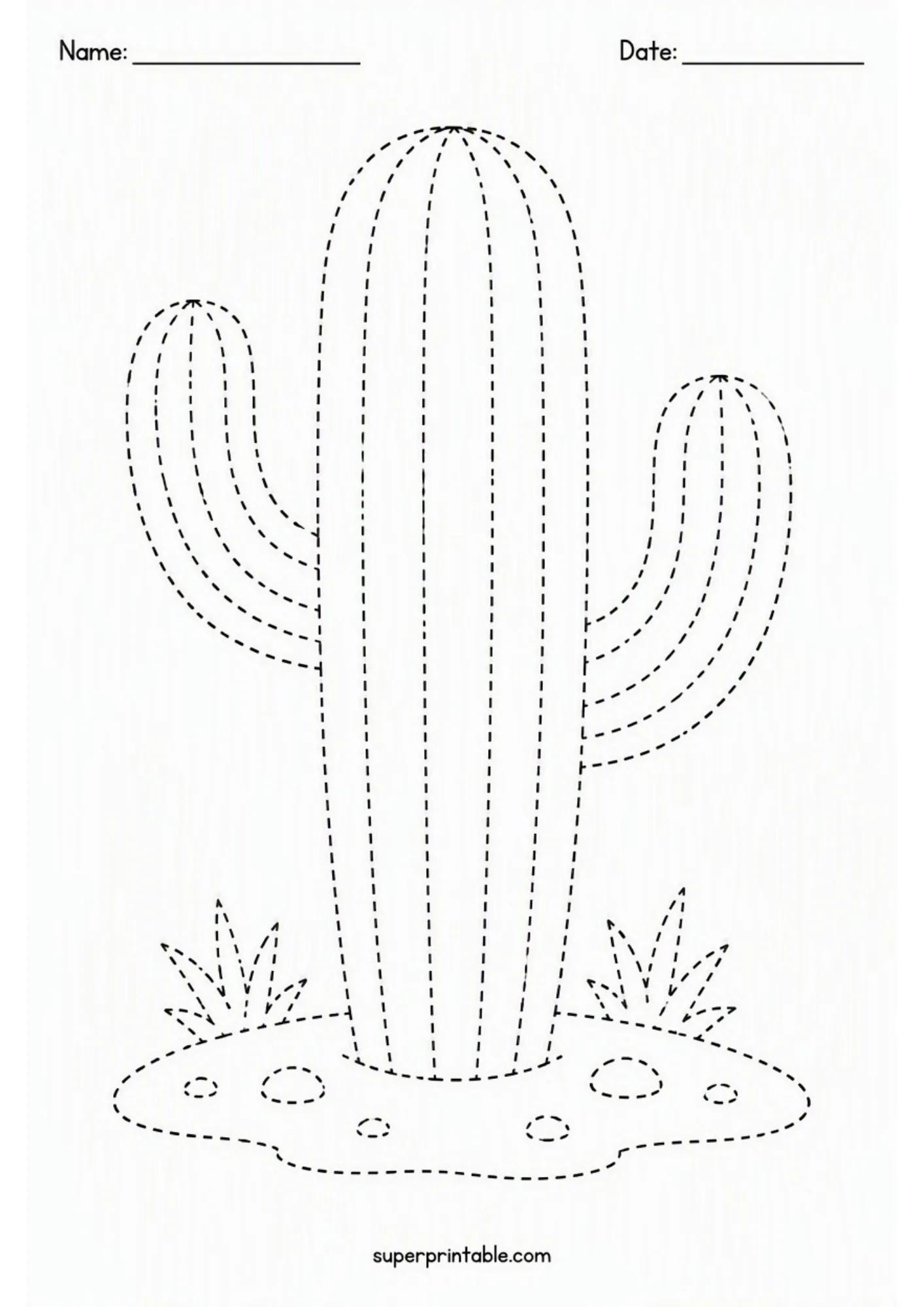 Tracing sheet featuring a tall saguaro cactus for kids to trace and color.