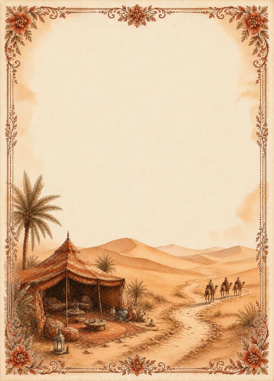 Traditional Bedouin tent nestled under palm trees in a warm desert landscape with decorative border.