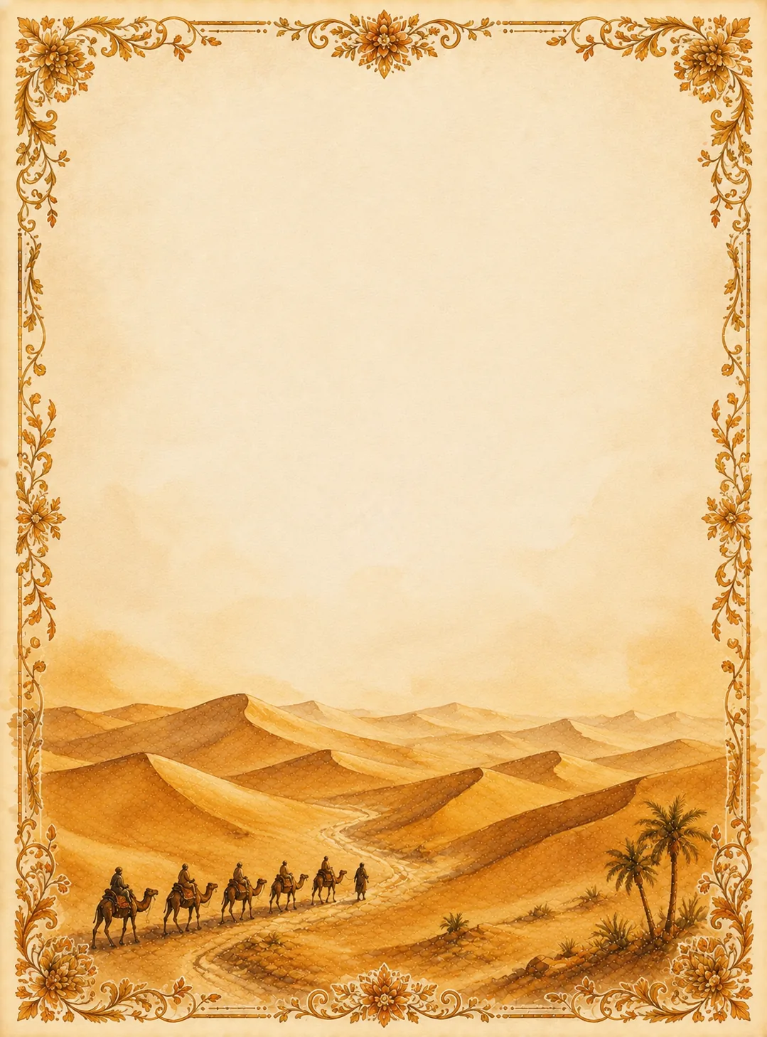 Sahara desert border pages featuring a camel caravan traveling across golden sand dunes.