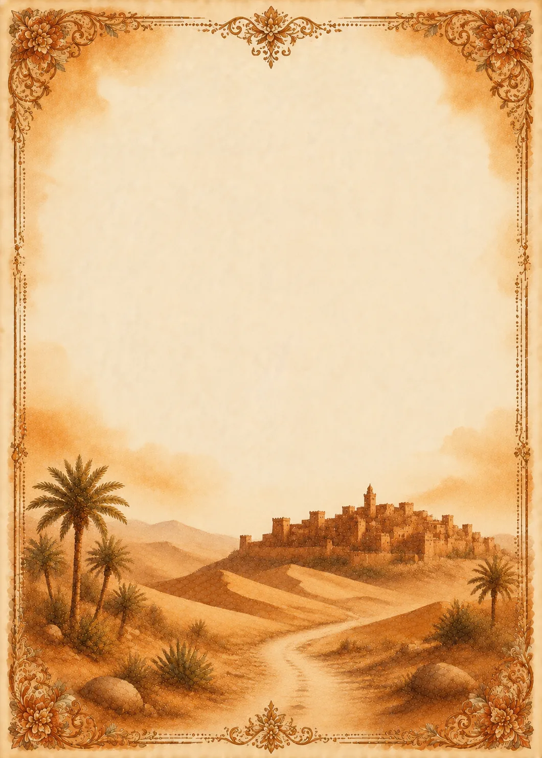 Ancient desert kasbah fortress standing above sand dunes framed by intricate golden border details.