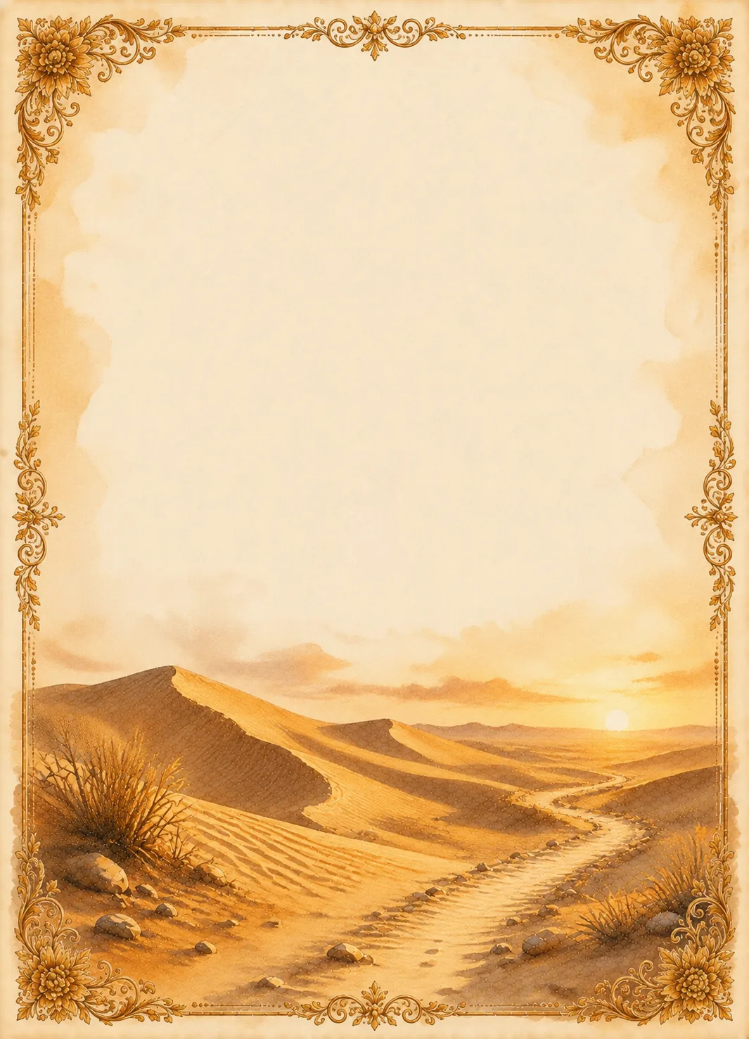 Sweeping sand dunes and desert trail highlighted by sunburst rays within a washed floral frame.