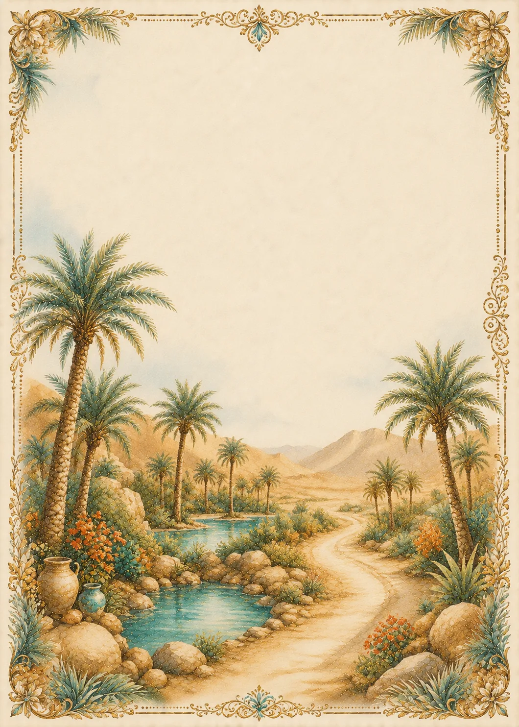 sahara desert border pages showcasing turquoise oasis pools surrounded by palm trees and flowers.