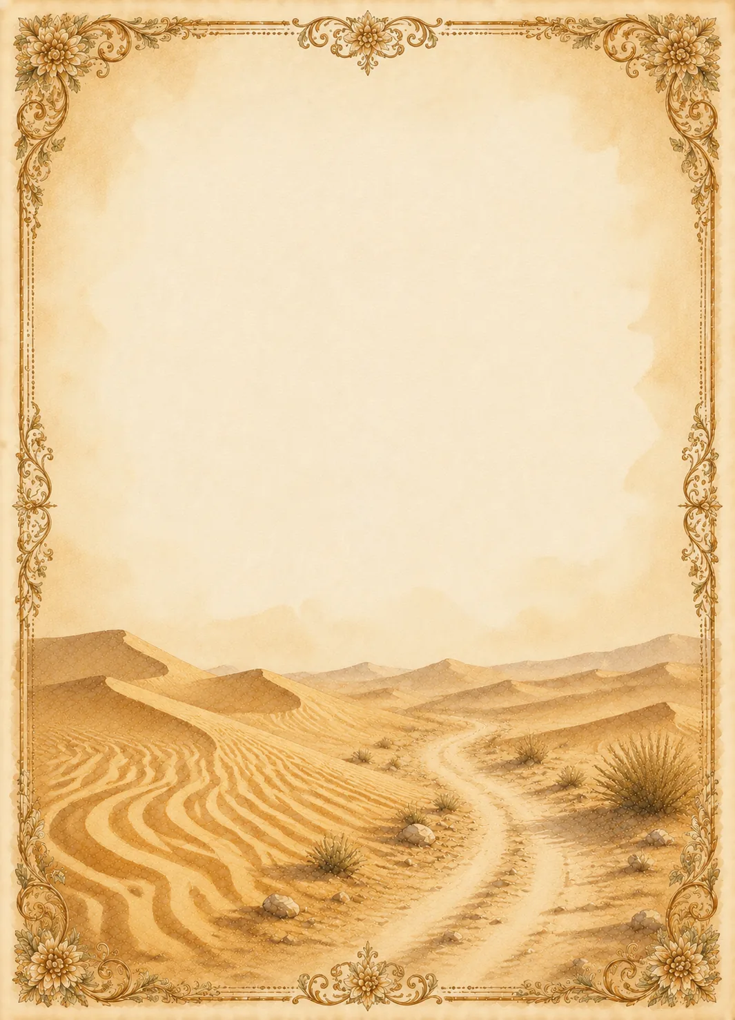 Washed paper border page showing detailed wind-rippled sand dunes and a winding desert trail.