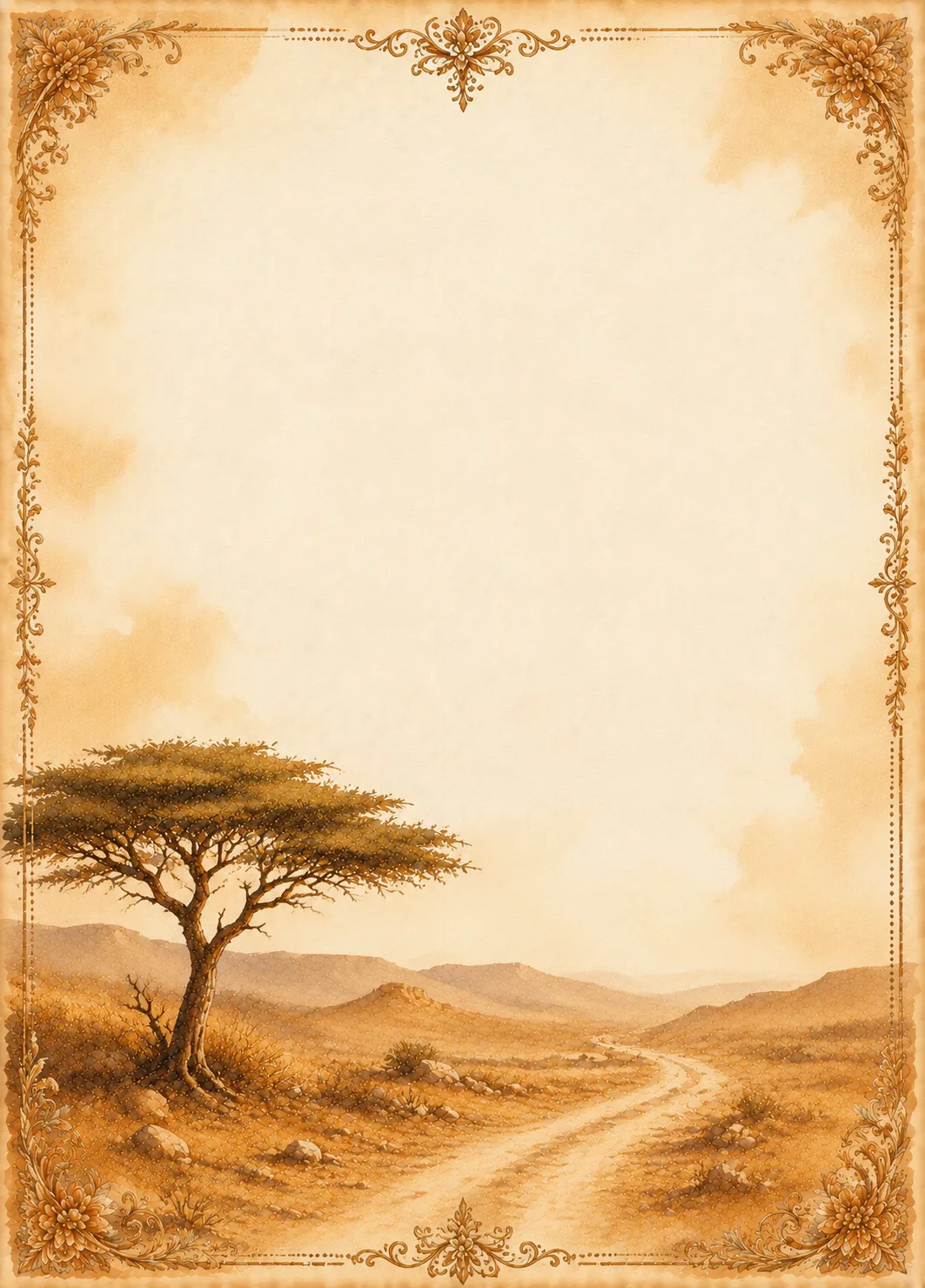 Solitary acacia tree beside a dirt path in arid desert terrain with decorative vintage border.