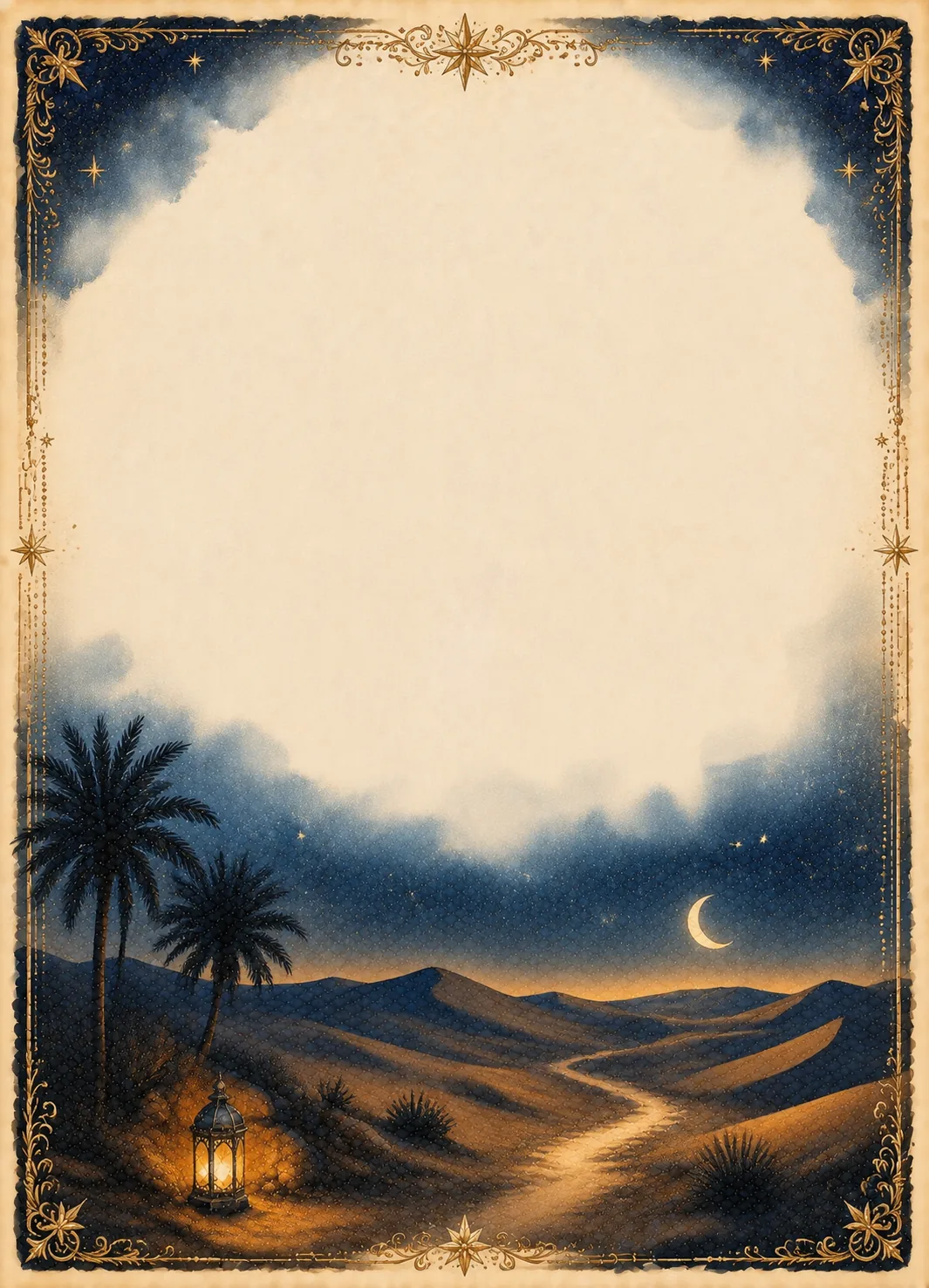 Nocturnal desert night with glowing lantern, palm silhouettes, and crescent moon under starry sky.