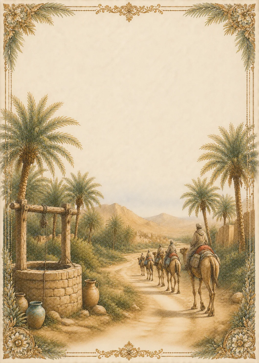 Historic stone water well beside a dusty road with a camel caravan in the background.