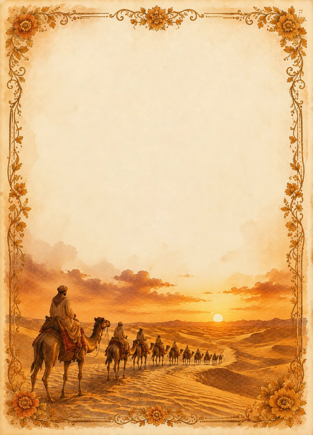 Detailed camel caravan riding towards a warm glowing sunset framed by decorative scrollwork.