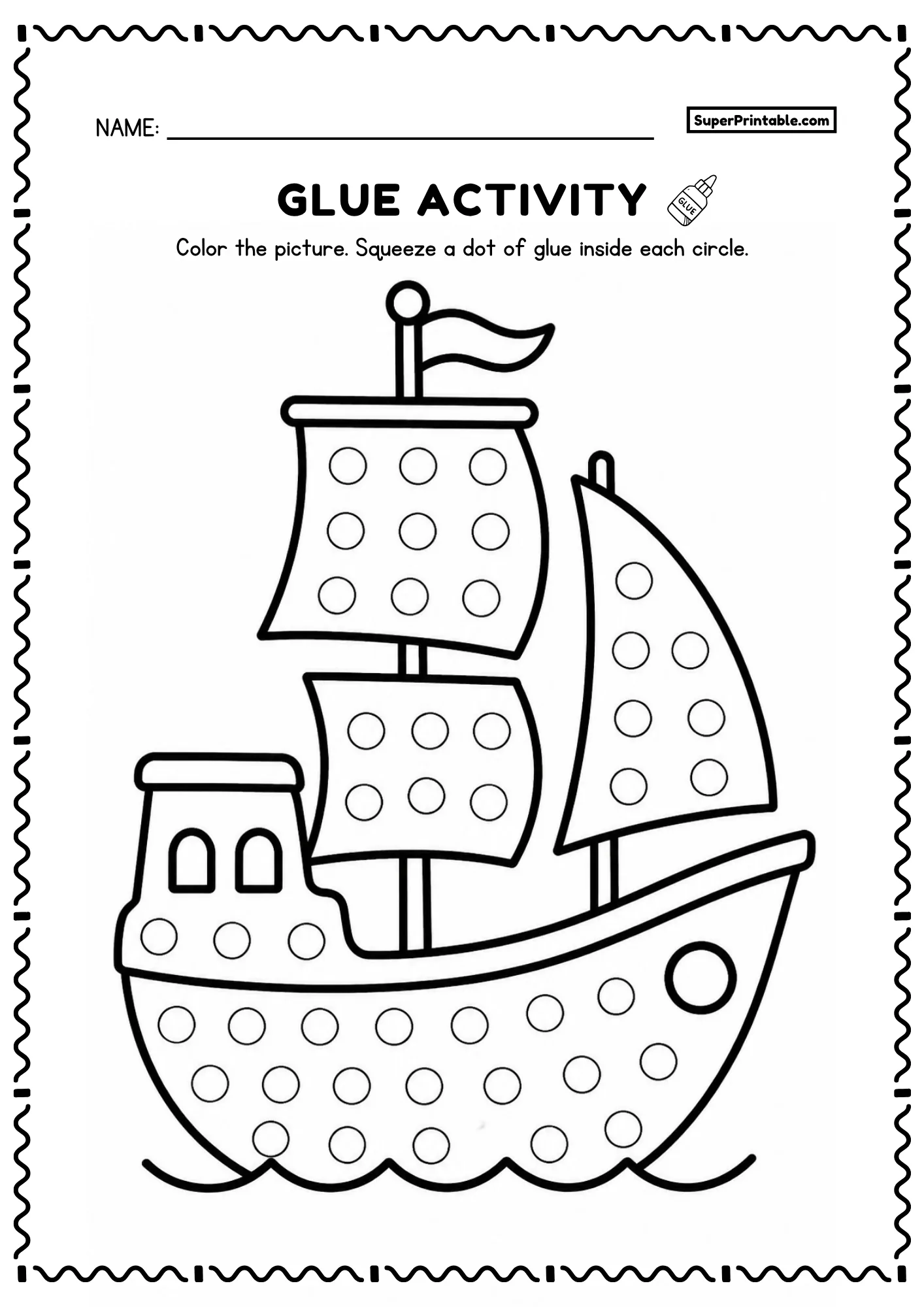 Sailboat glue activity worksheet with circle targets on the sails, cabin, and hull