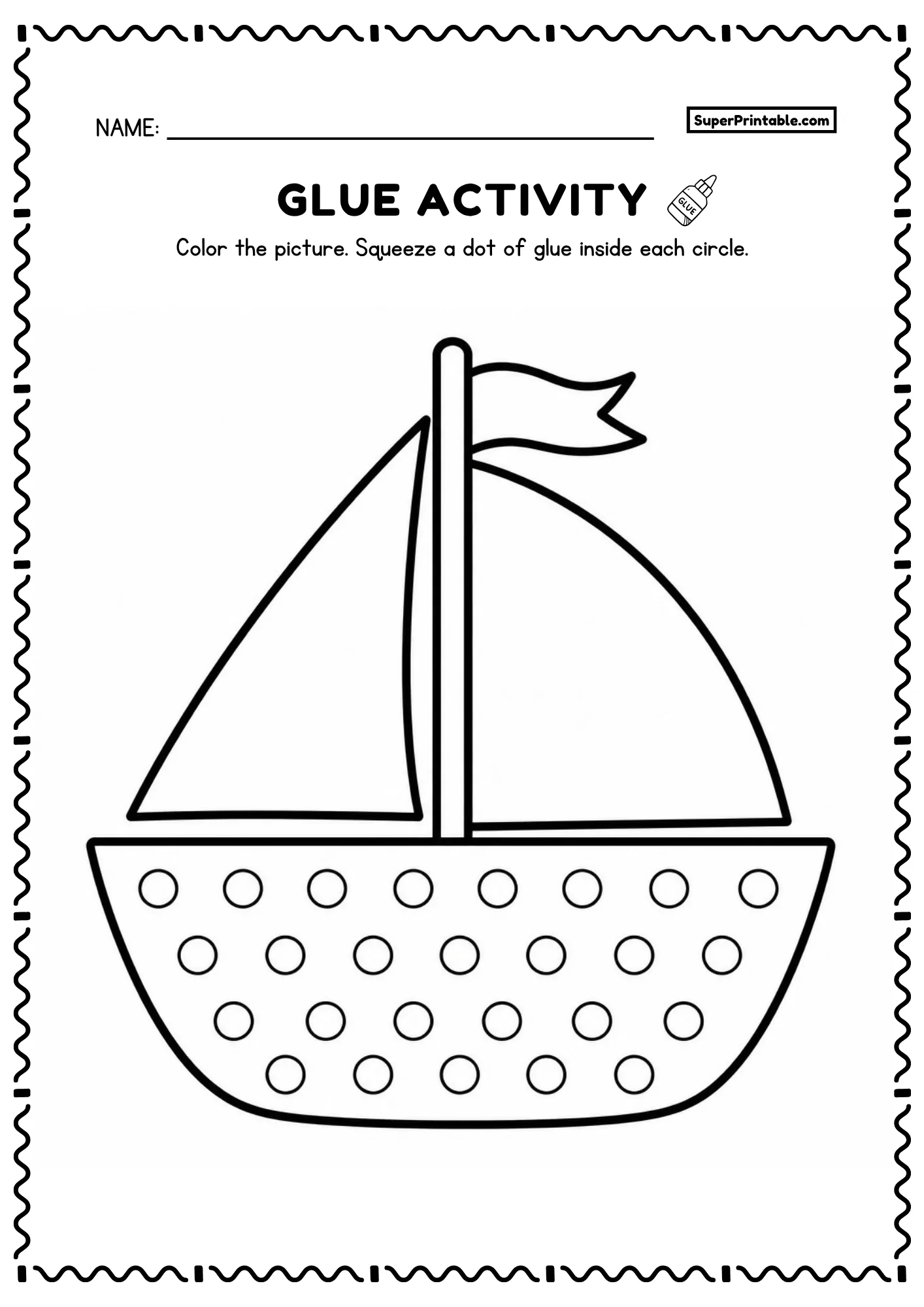 Sailboat with triangle sails printable glue worksheet with flag and dot circles for kids