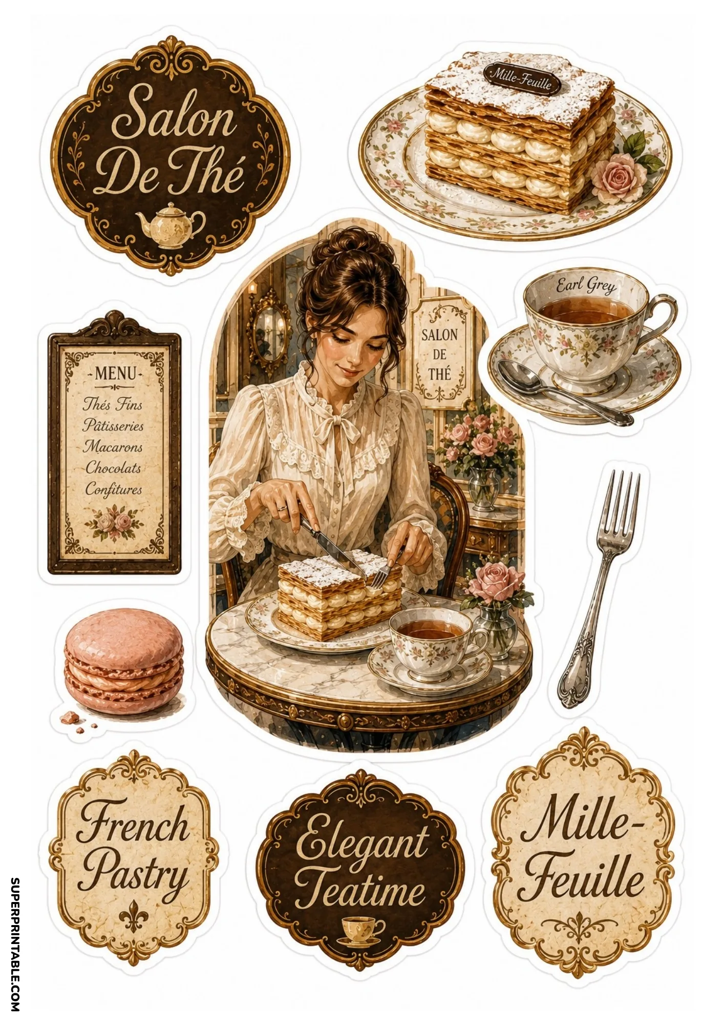 French salon de the stickers featuring layered mille-feuille pastry, Earl Grey tea, and macarons.