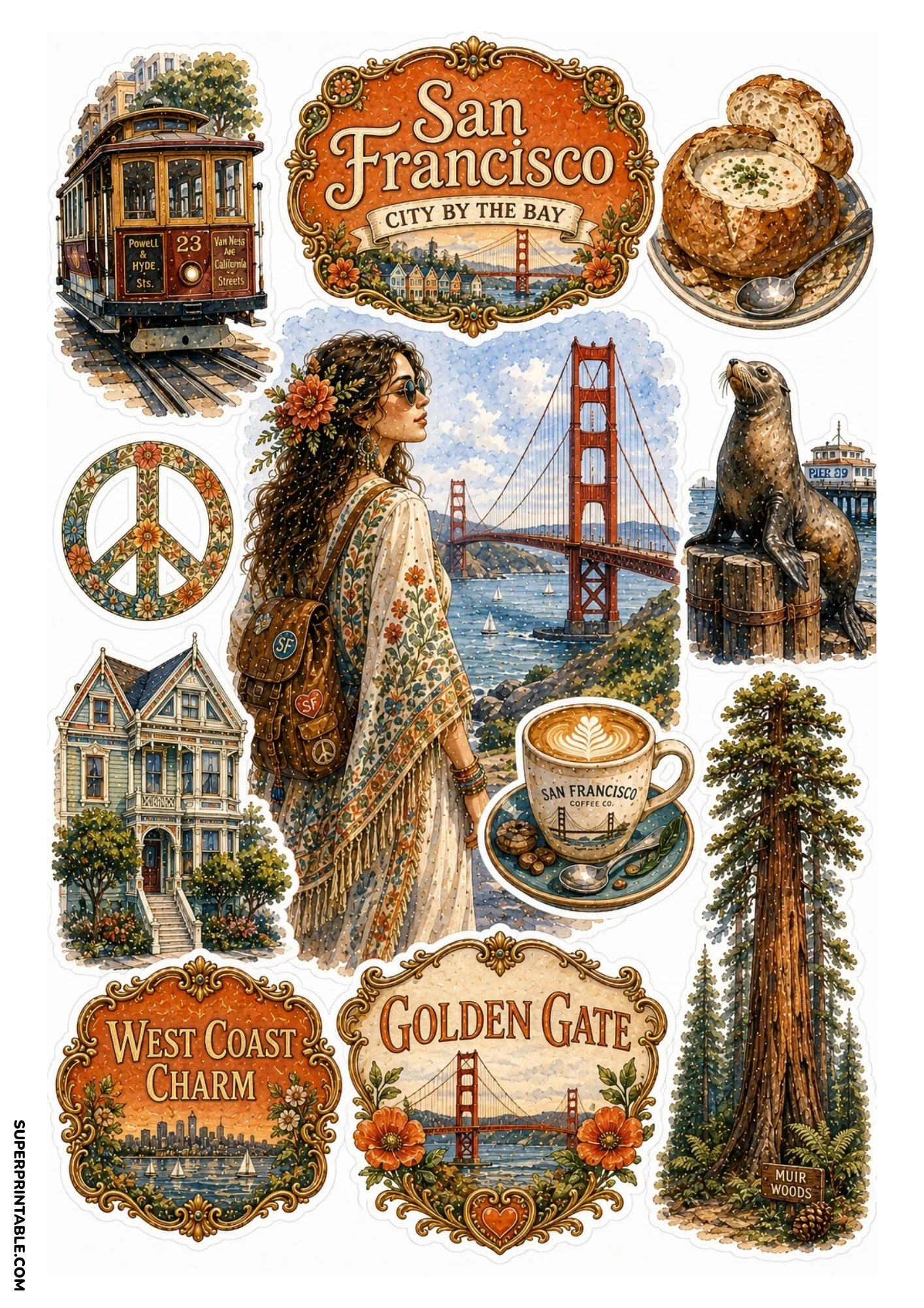 San Francisco sticker sheet displaying Golden Gate Bridge, cable car, and redwoods
